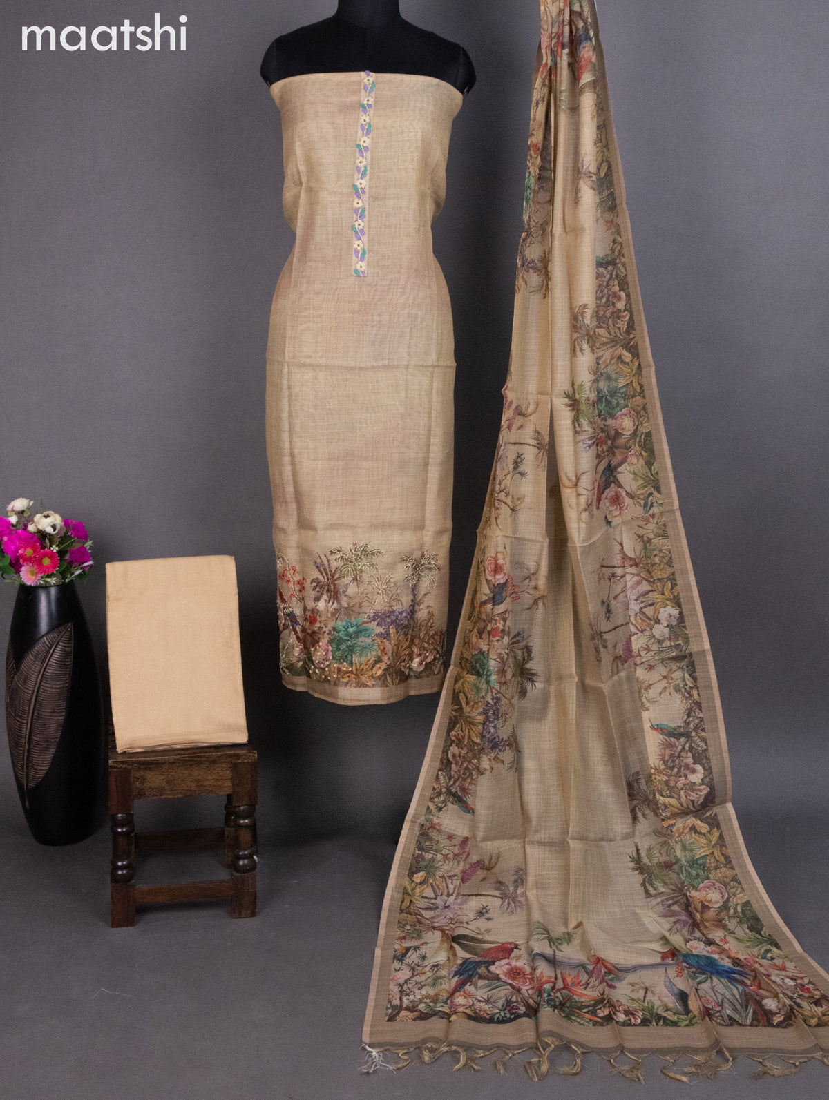 Tissue linen dress material sandal with prints & embroidery work neck pattern and bottom & dupatta