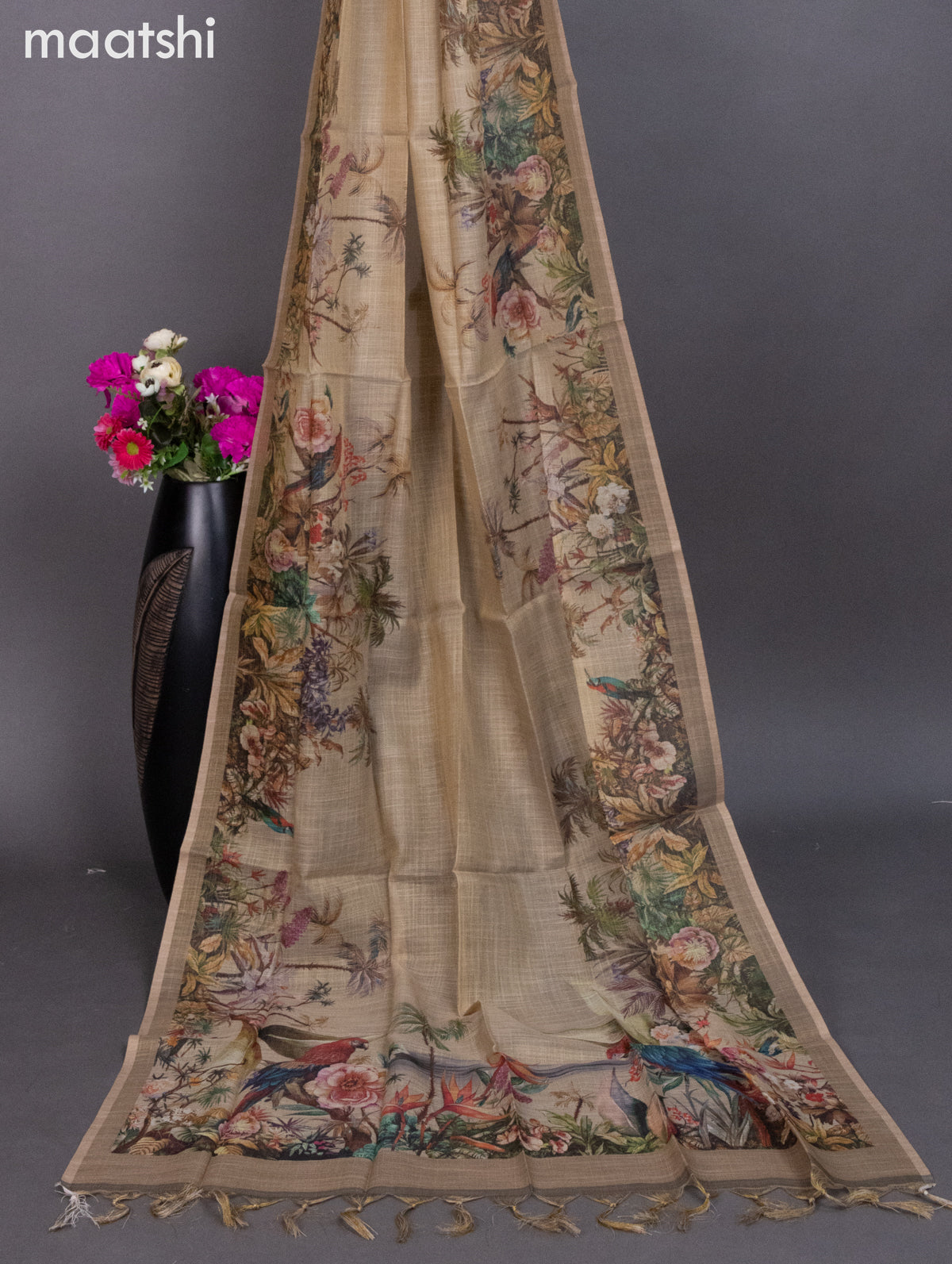 Tissue linen dress material sandal with prints & embroidery work neck pattern and bottom & dupatta