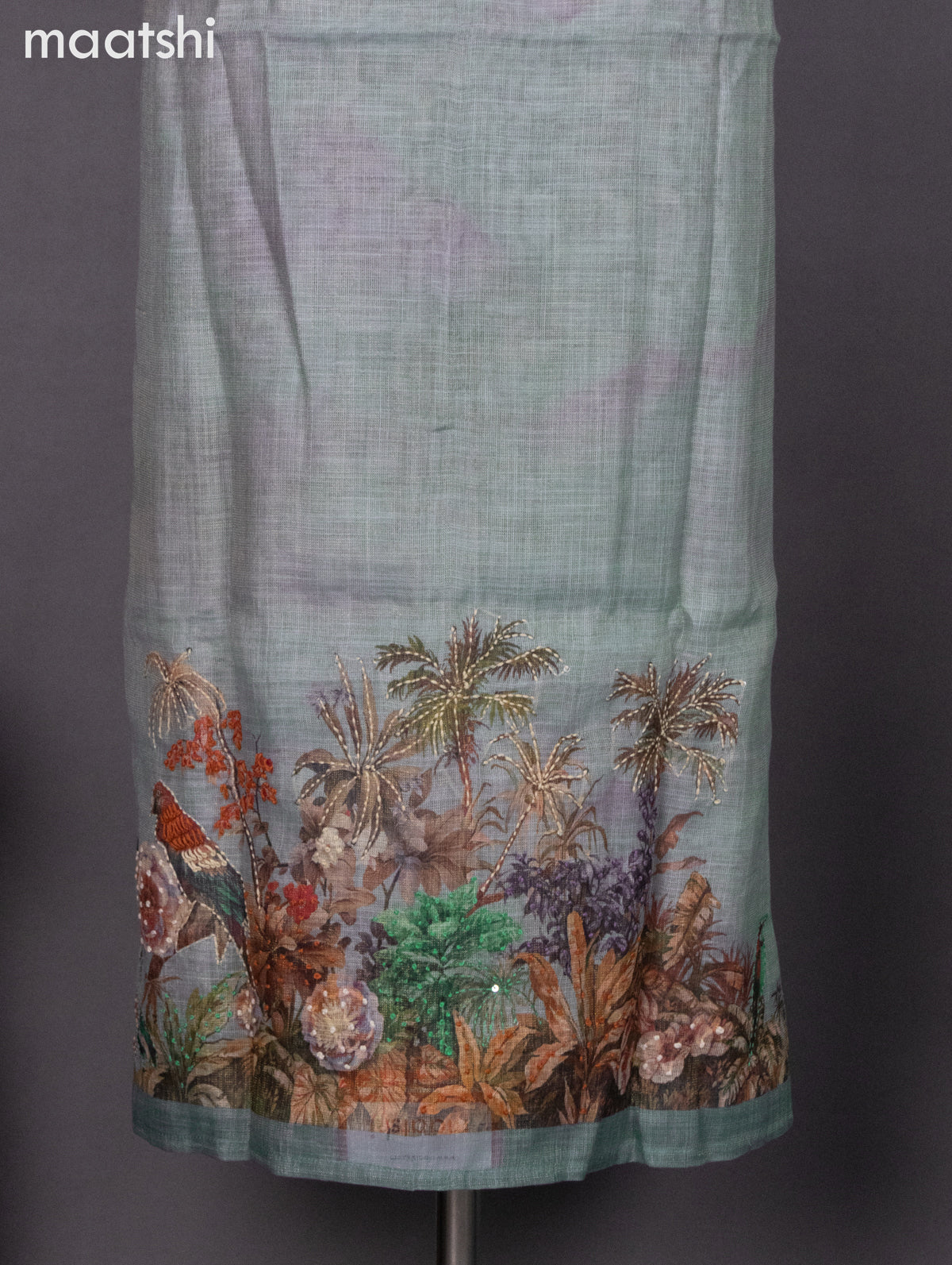Tissue linen dress material pastel blue with prints & embroidery work neck pattern and bottom & dupatta