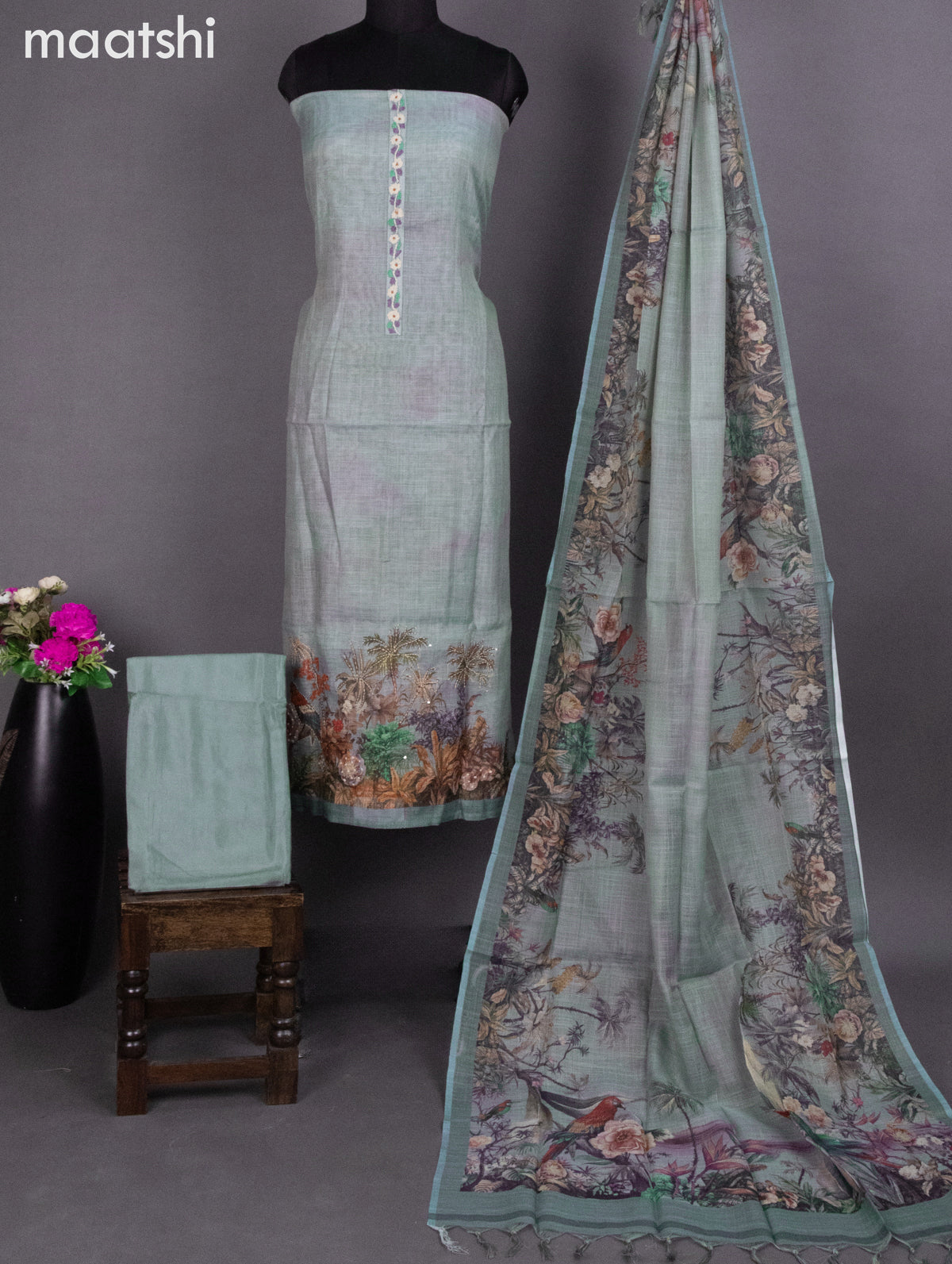 Tissue linen dress material pastel blue with prints & embroidery work neck pattern and bottom & dupatta