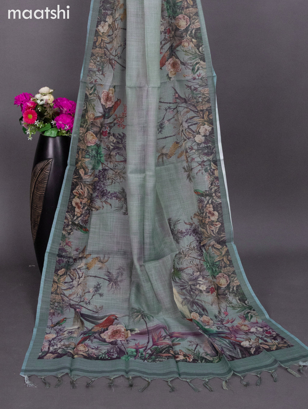 Tissue linen dress material pastel blue with prints & embroidery work neck pattern and bottom & dupatta