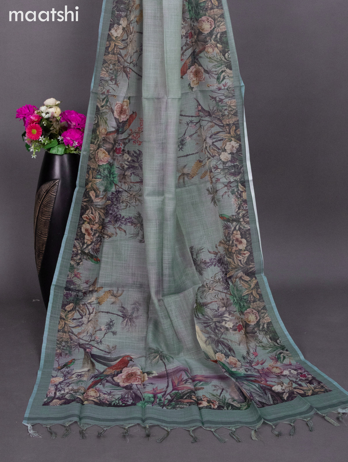 Tissue linen dress material pastel blue with prints & embroidery work neck pattern and bottom & dupatta