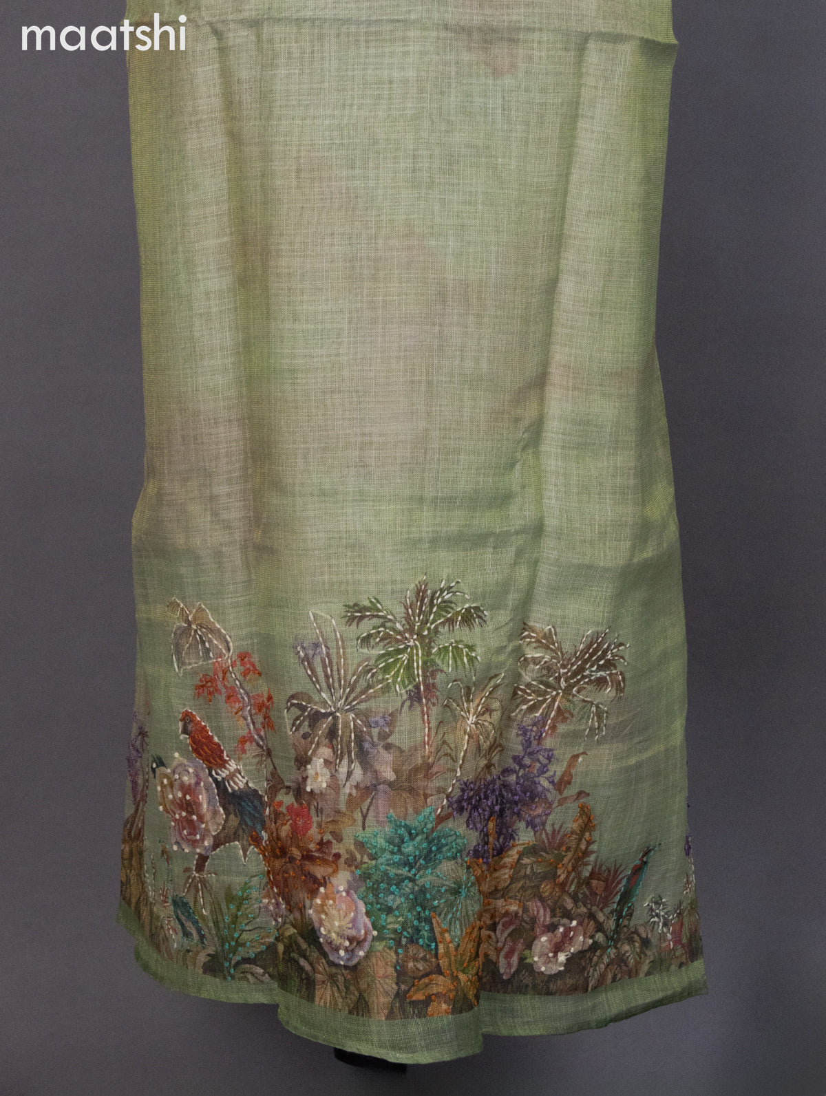 Tissue linen dress material pastel green with prints & embroidery work neck pattern and bottom & dupatta