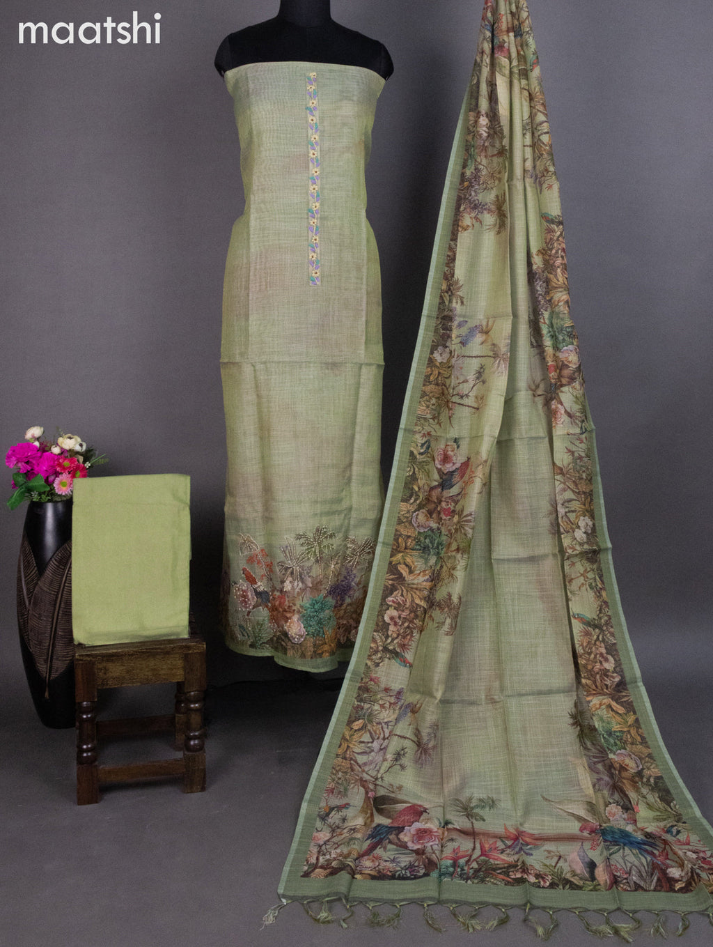 Tissue linen dress material pastel green with prints & embroidery work neck pattern and bottom & dupatta