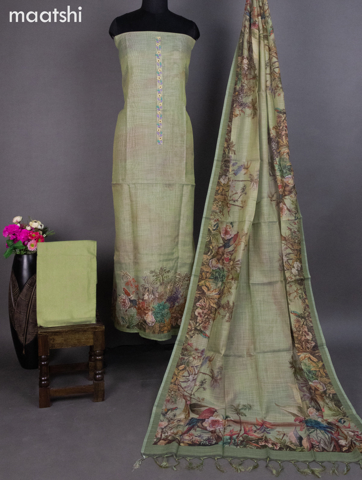 Tissue linen dress material pastel green with prints & embroidery work neck pattern and bottom & dupatta