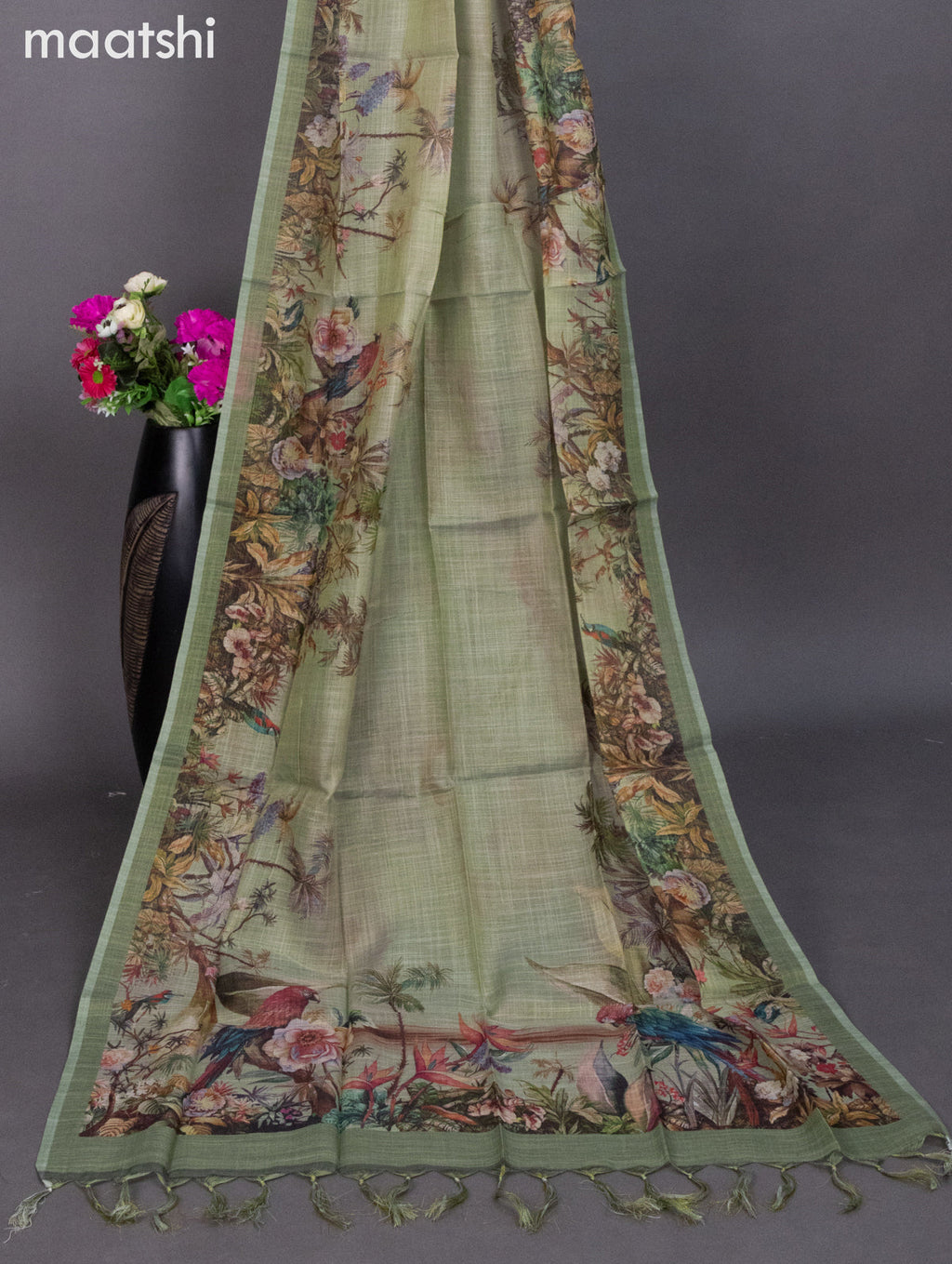 Tissue linen dress material pastel green with prints & embroidery work neck pattern and bottom & dupatta