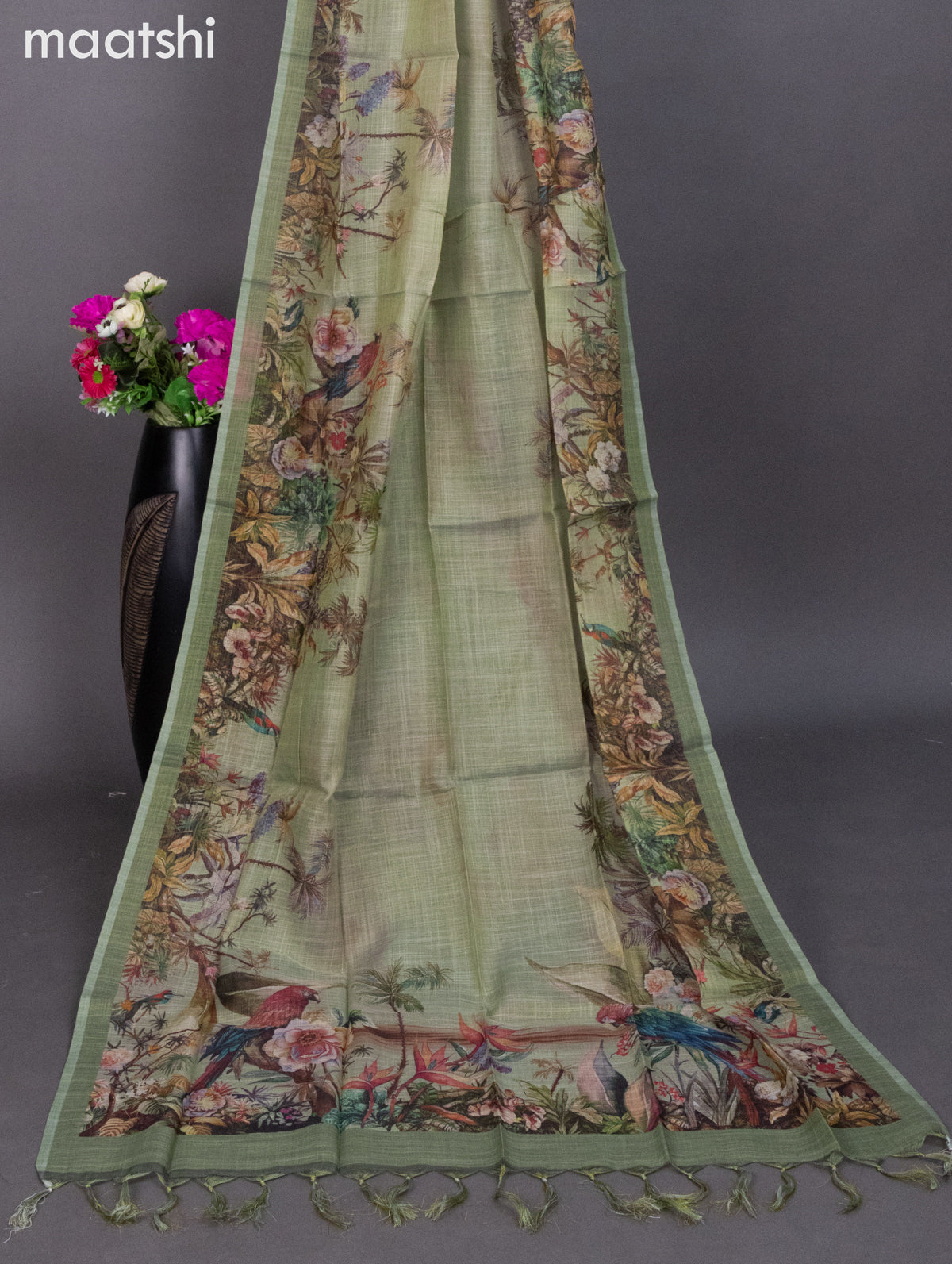 Tissue linen dress material pastel green with prints & embroidery work neck pattern and bottom & dupatta