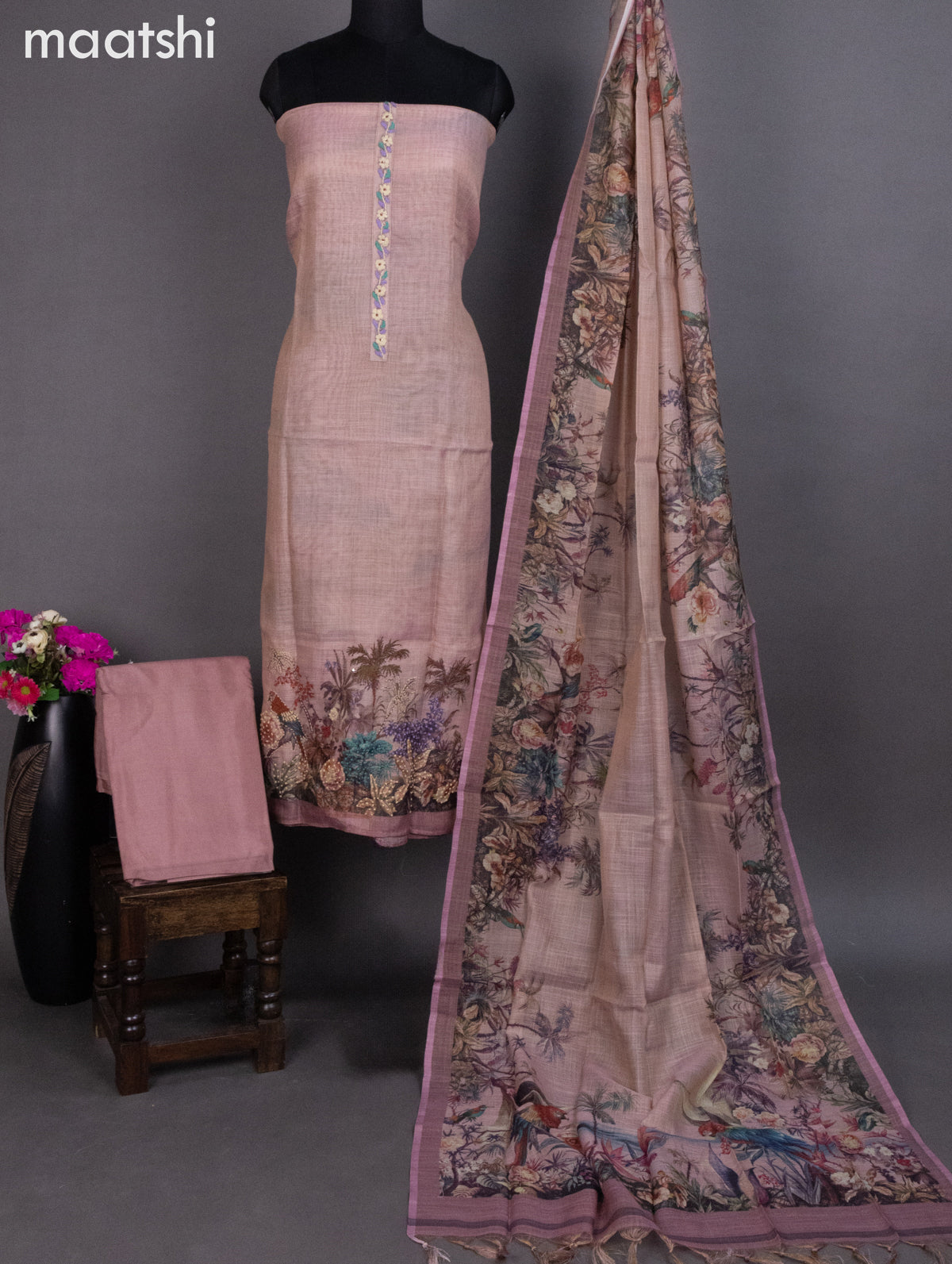 Tissue linen dress material pastel shade with prints & embroidery work neck pattern and bottom & dupatta