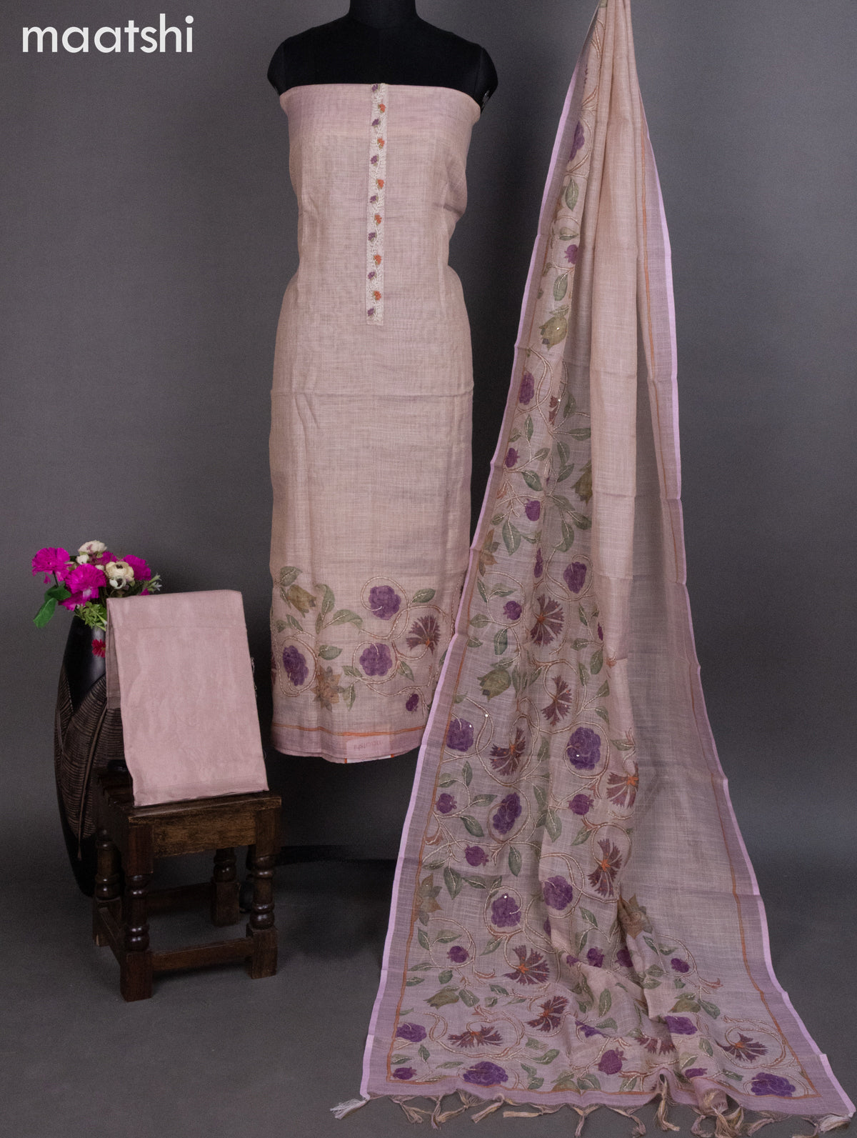 Tissue linen dress material pastel shade with french knot & kantha stich work and bottom & dupatta