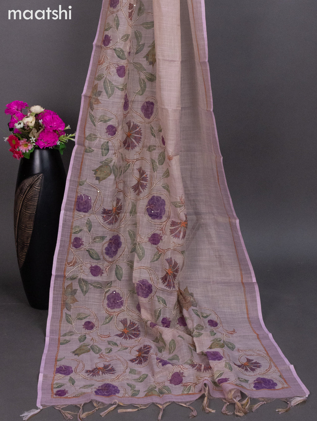 Tissue linen dress material pastel shade with french knot & kantha stich work and bottom & dupatta