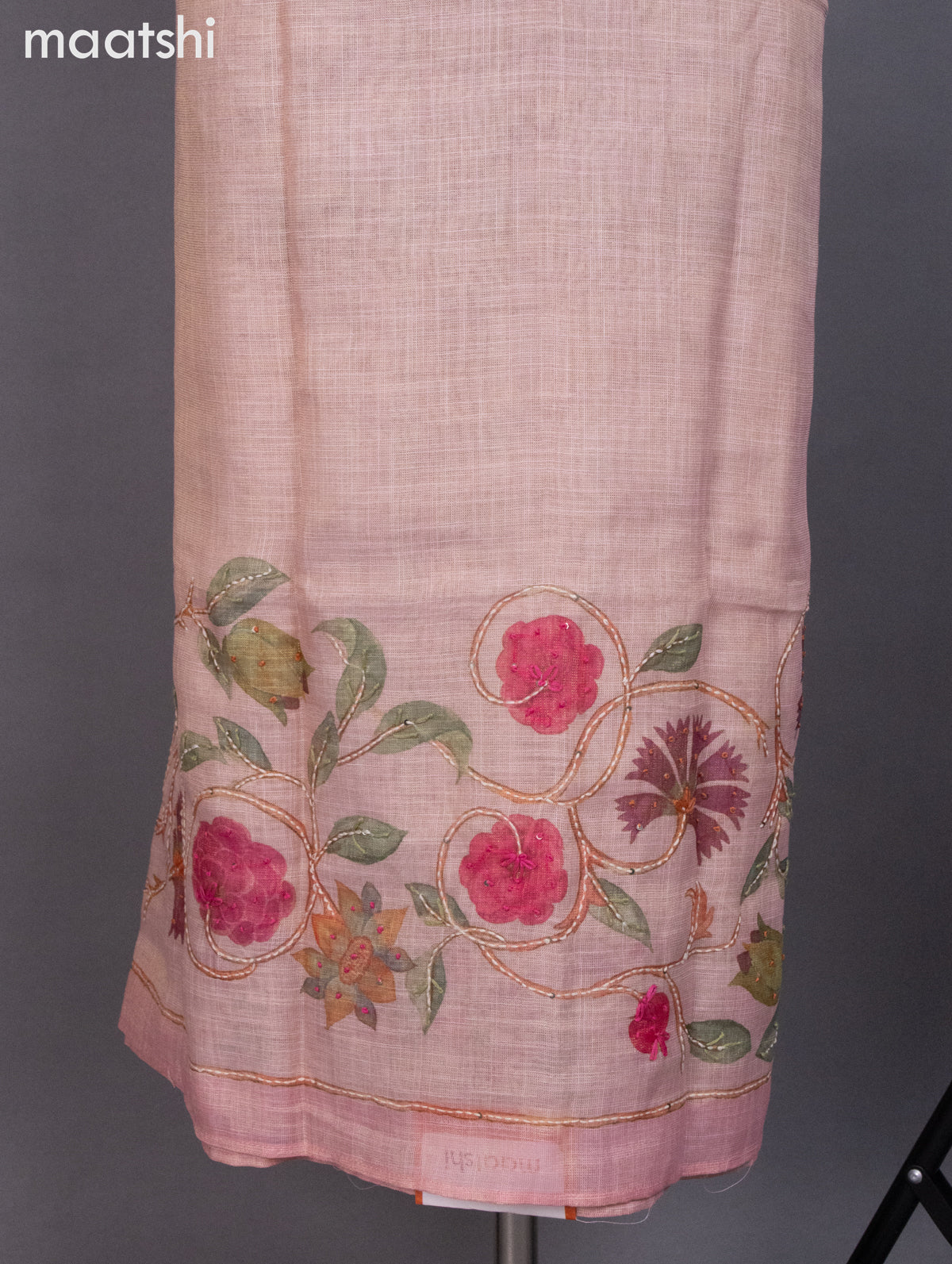 Tissue linen dress material peach pink shade with french knot & kantha stich work and bottom & dupatta
