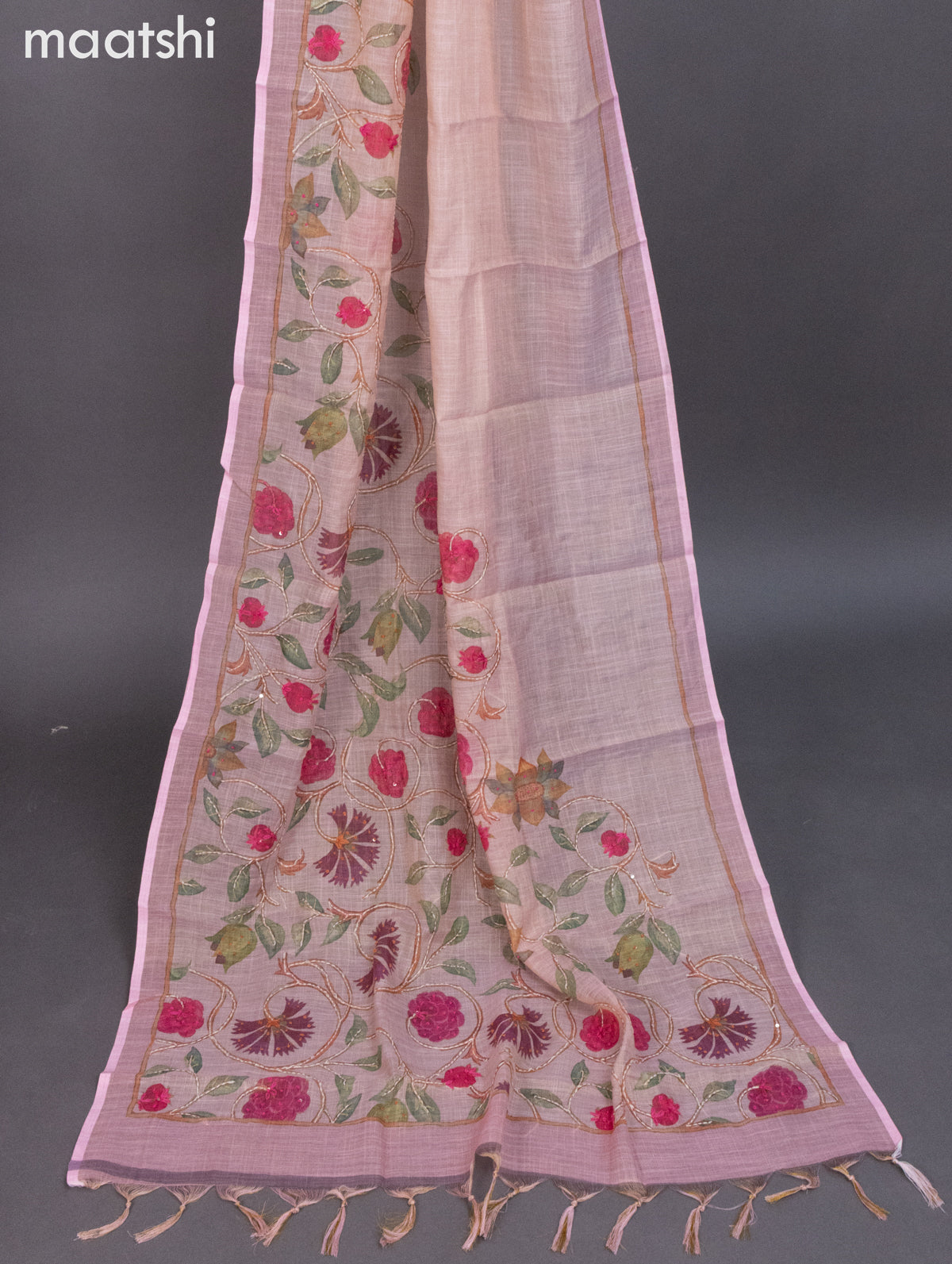 Tissue linen dress material peach pink shade with french knot & kantha stich work and bottom & dupatta