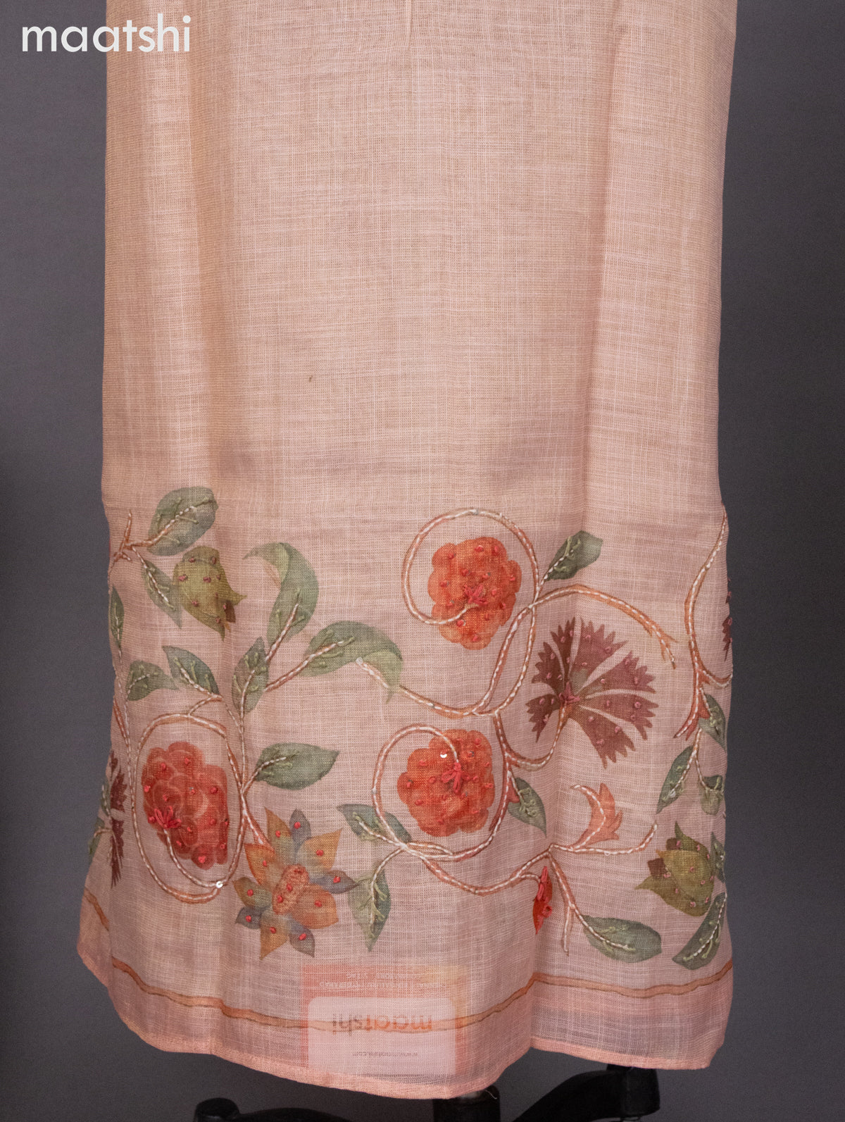Tissue linen dress material peach shade with french knot & kantha stich work and bottom & dupatta