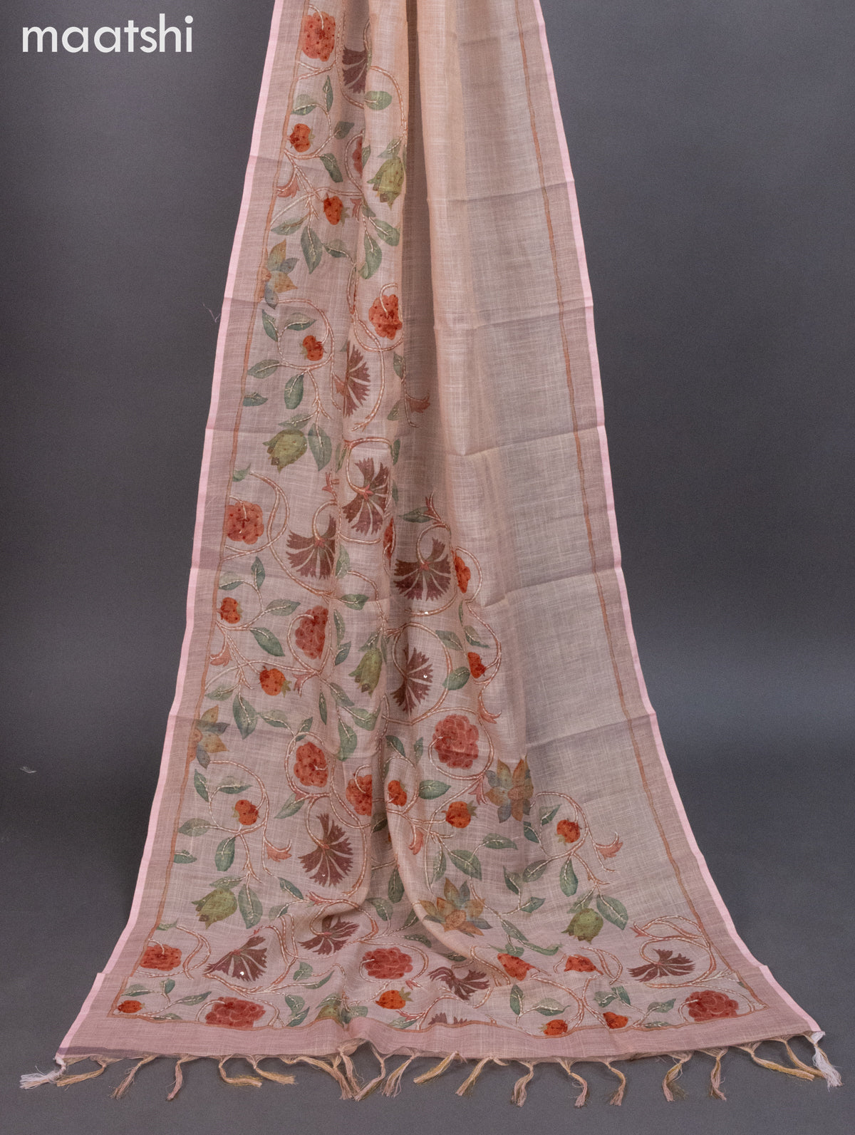 Tissue linen dress material peach shade with french knot & kantha stich work and bottom & dupatta