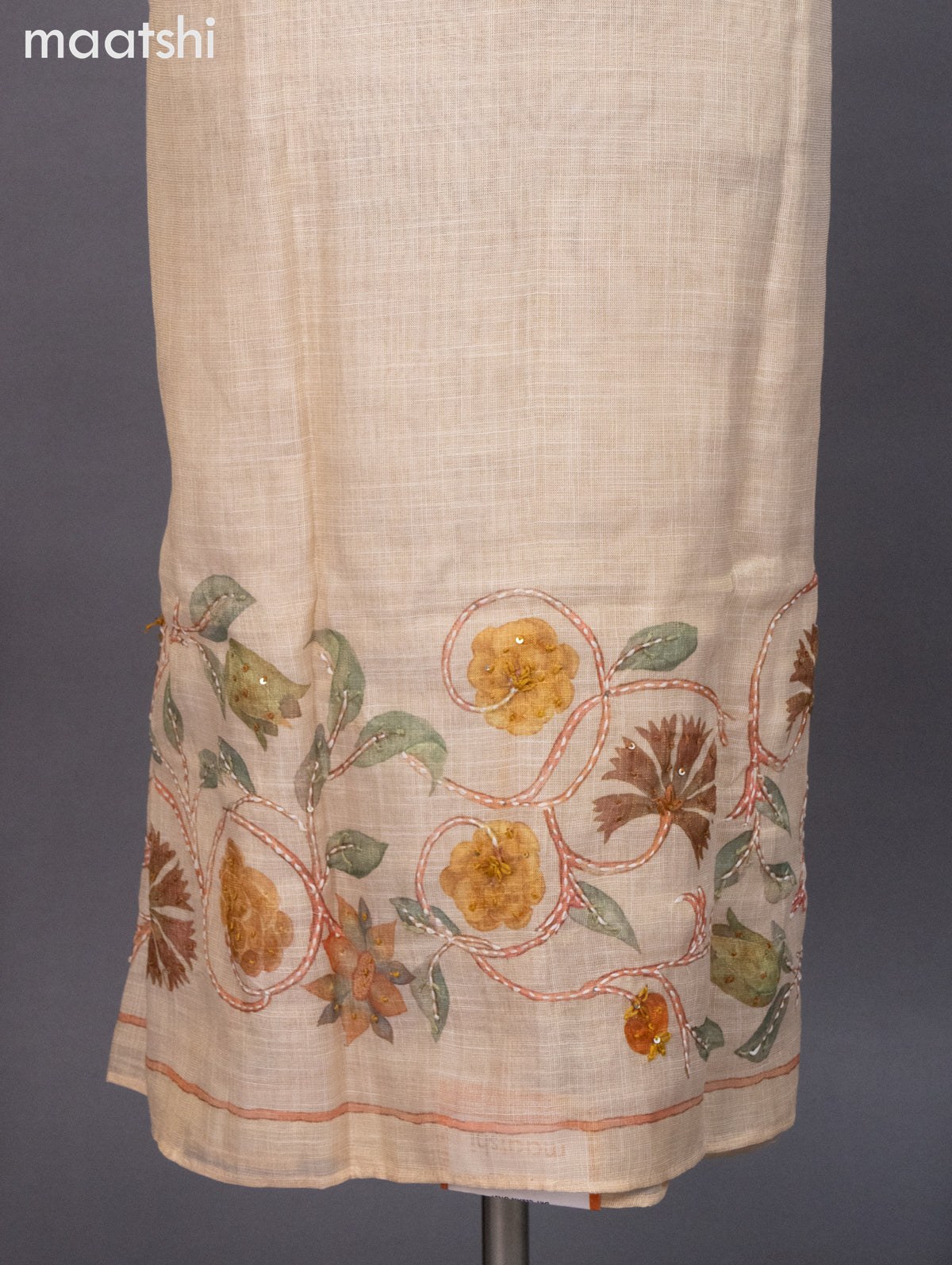 Tissue linen dress material cream with french knot & kantha stich work and bottom & dupatta