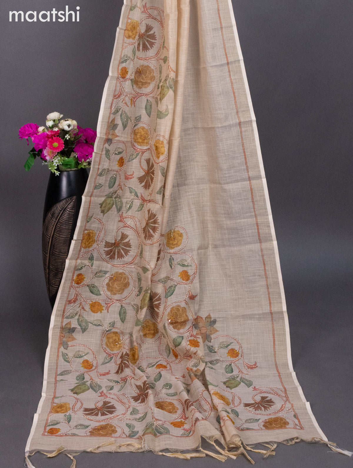 Tissue linen dress material cream with french knot & kantha stich work and bottom & dupatta
