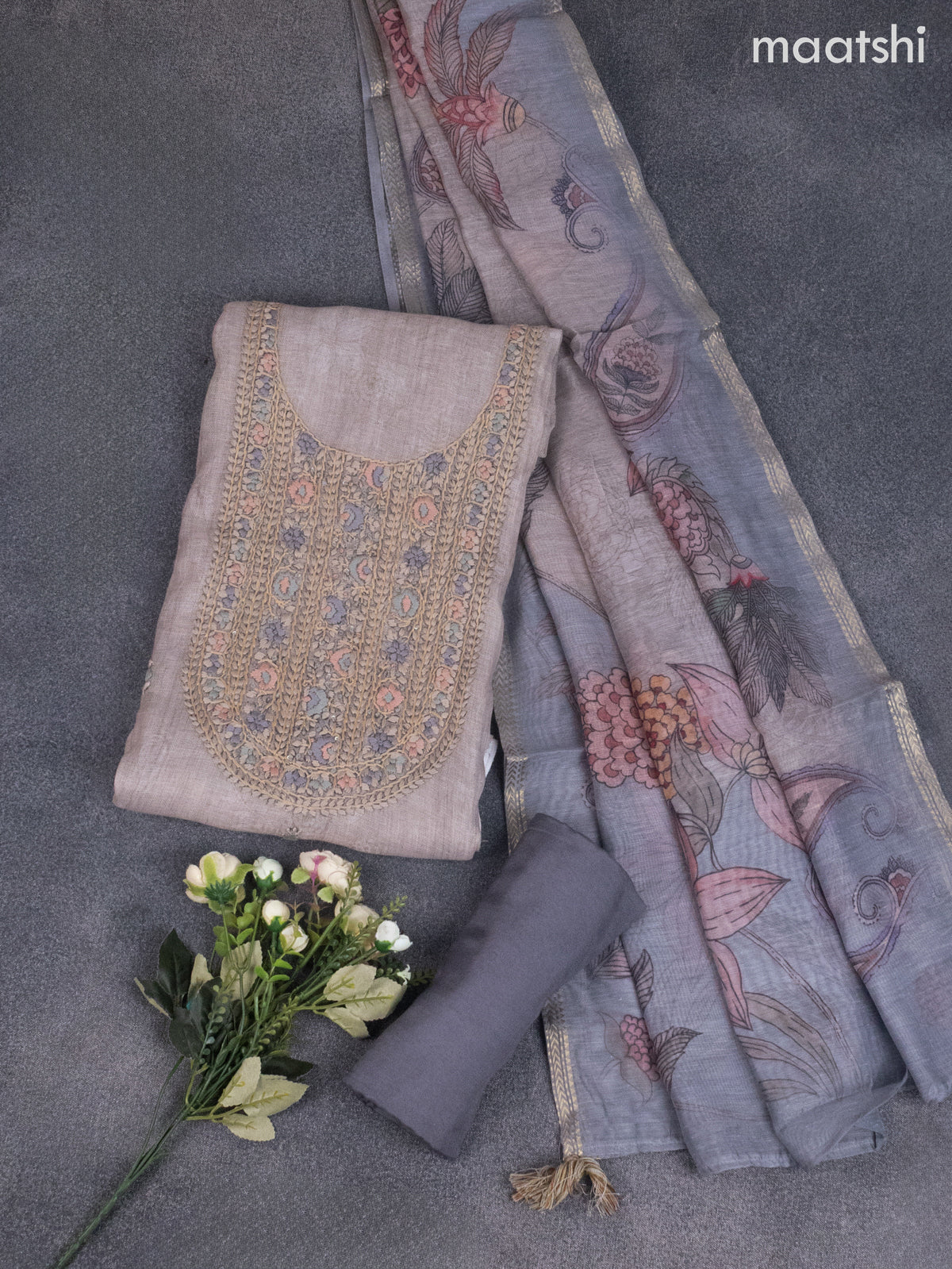 Linen dress material beige with kantha stich work neck pattern and bottom & kalamkari dupatta