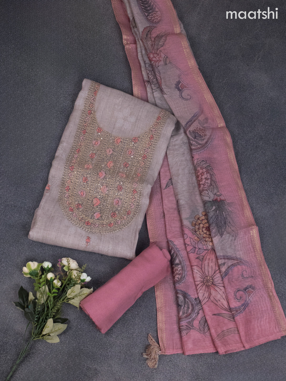 Linen dress material beige with kantha stich work neck pattern and bottom & kalamkari dupatta