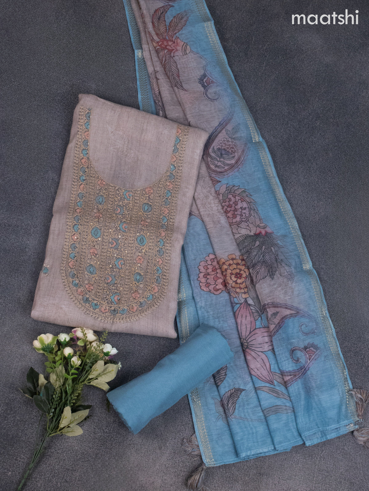 Linen dress material beige with kantha stich work neck pattern and bottom & kalamkari dupatta