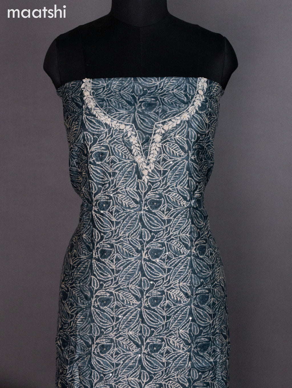 Chanderi dress material indigo blue with allover prints & kantha stich work and bottom & dupatta