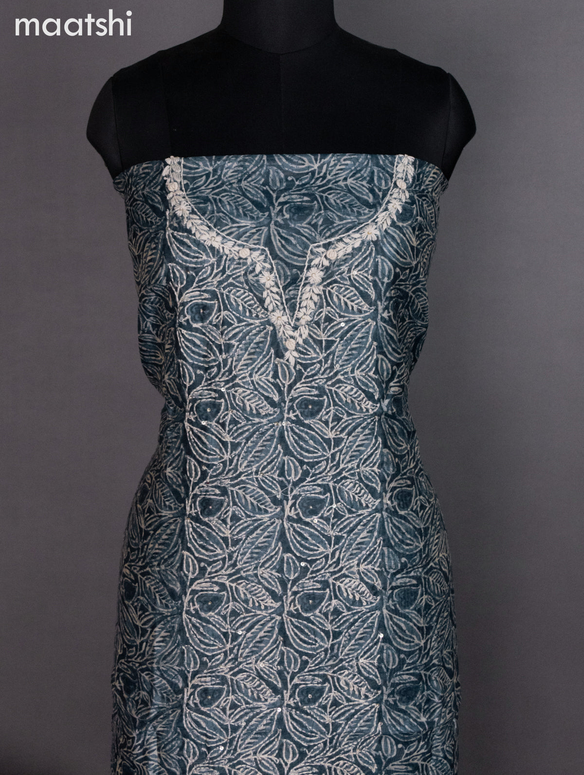 Chanderi dress material indigo blue with allover prints & kantha stich work and bottom & dupatta