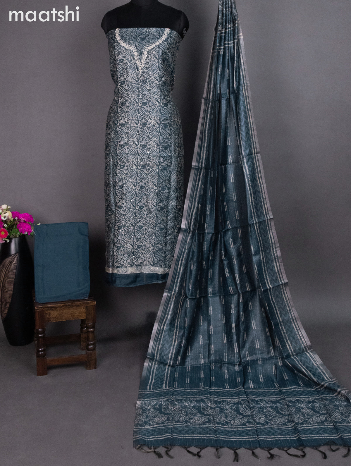 Chanderi dress material indigo blue with allover prints & kantha stich work and bottom & dupatta