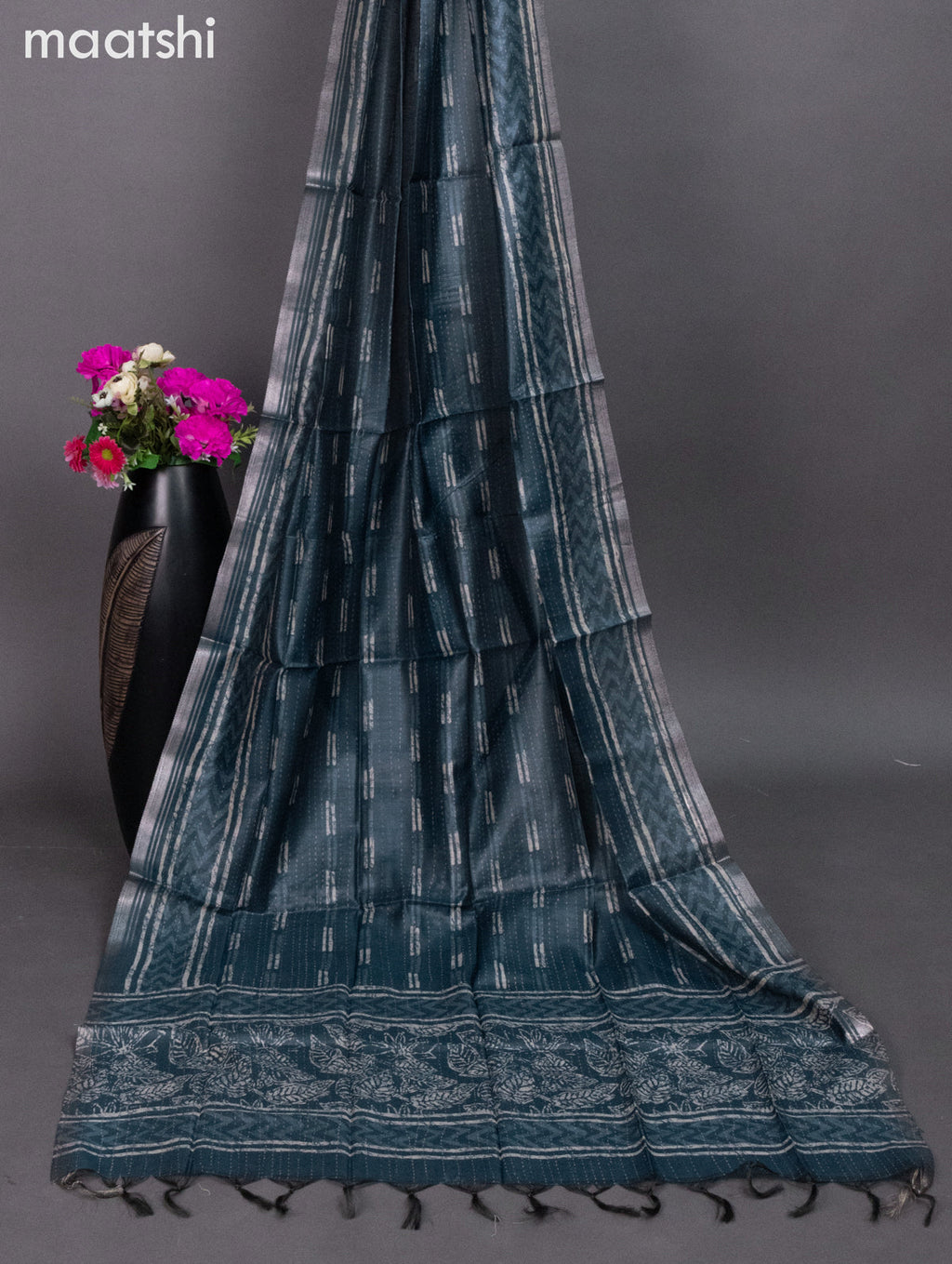 Chanderi dress material indigo blue with allover prints & kantha stich work and bottom & dupatta