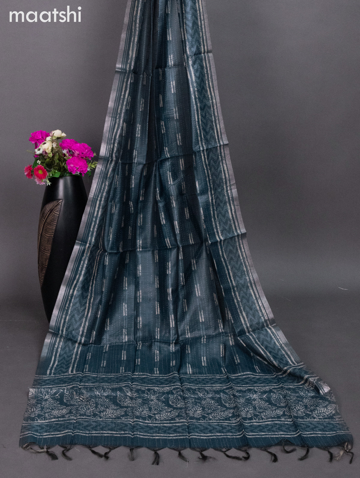 Chanderi dress material indigo blue with allover prints & kantha stich work and bottom & dupatta