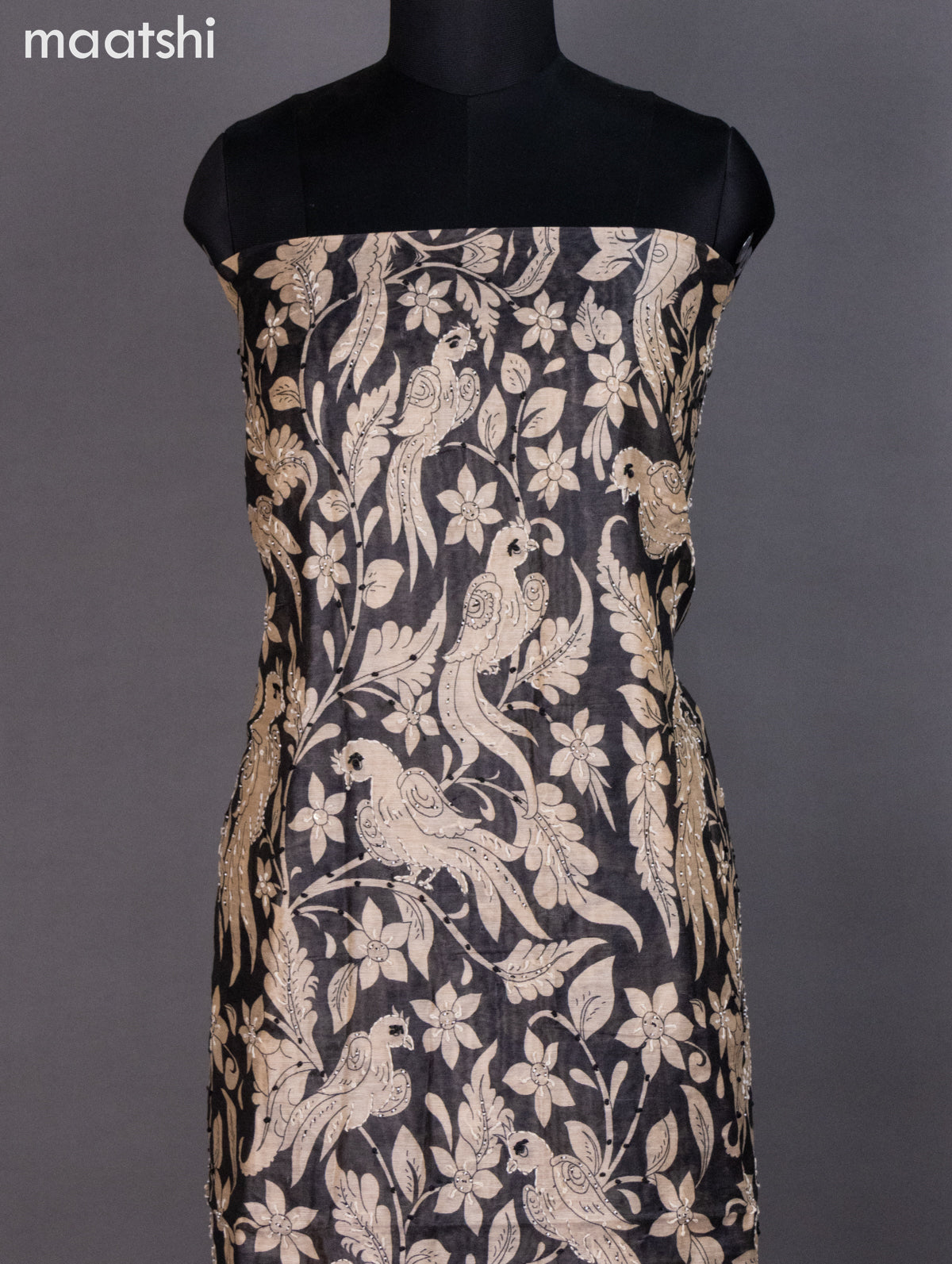 Chanderi dress material black with allover kalamkari prints & kantha stich work and bottom & dupatta