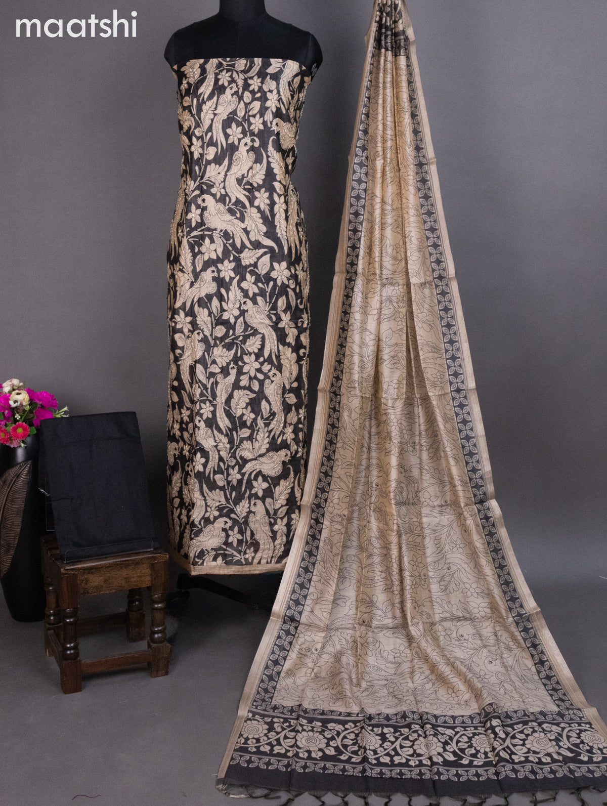Chanderi dress material black with allover kalamkari prints & kantha stich work and bottom & dupatta