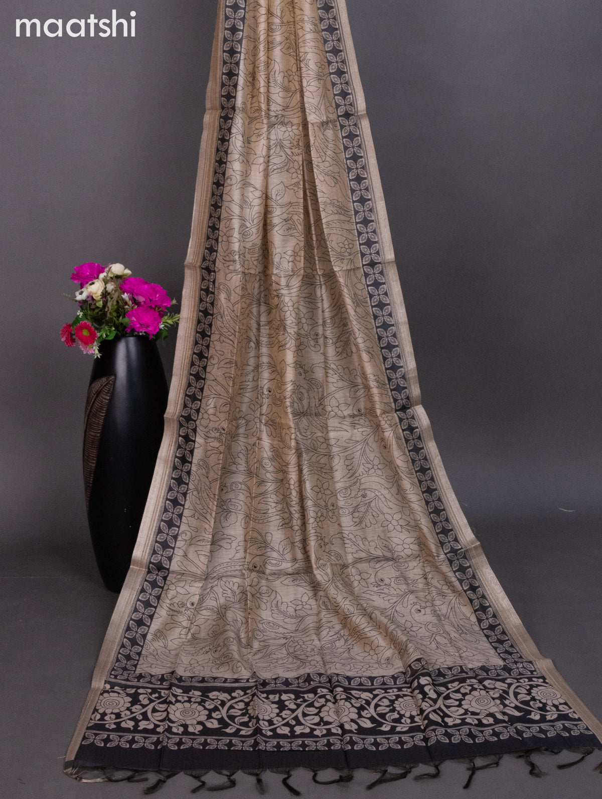Chanderi dress material black with allover kalamkari prints & kantha stich work and bottom & dupatta