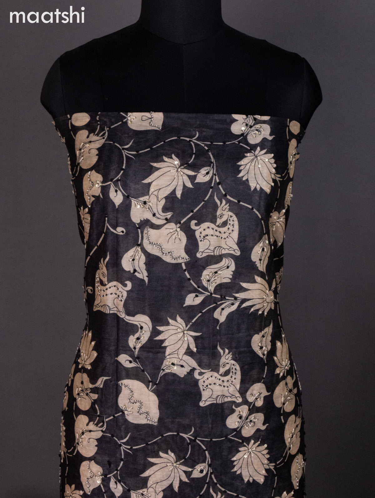 Chanderi dress material black with allover kalamkari prints & kantha stich work and bottom & dupatta
