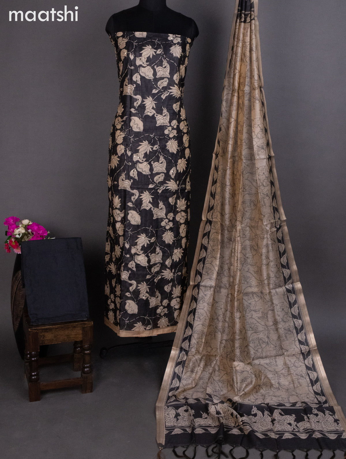 Chanderi dress material black with allover kalamkari prints & kantha stich work and bottom & dupatta