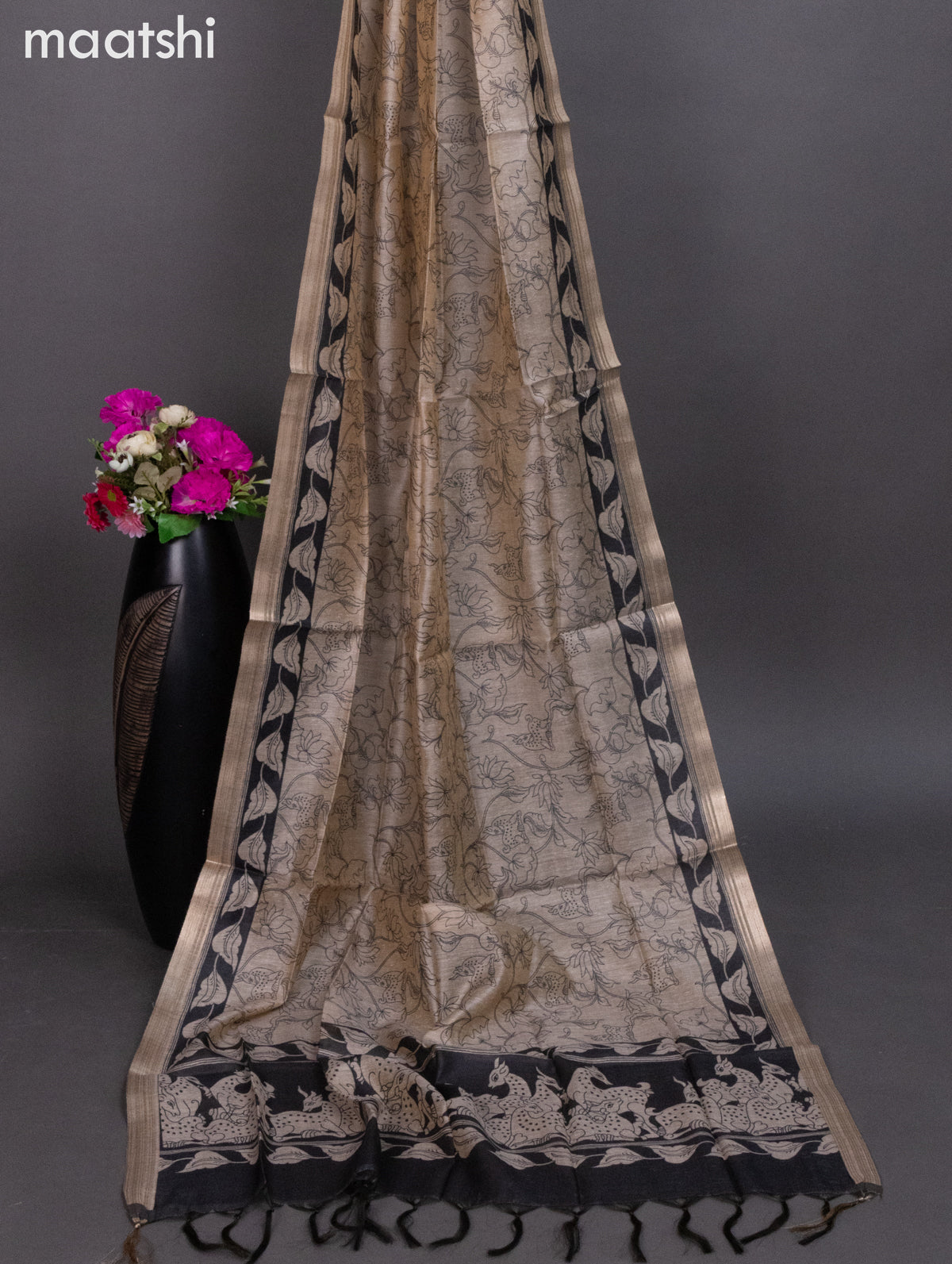 Chanderi dress material black with allover kalamkari prints & kantha stich work and bottom & dupatta