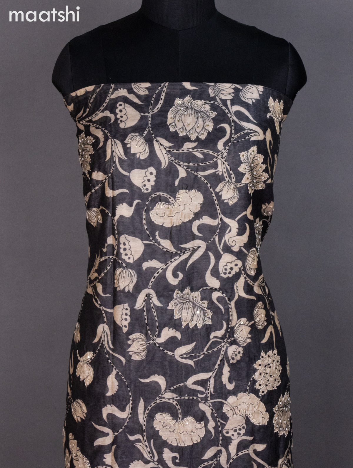 Chanderi dress material black with allover kalamkari prints & kantha stich work and bottom & dupatta