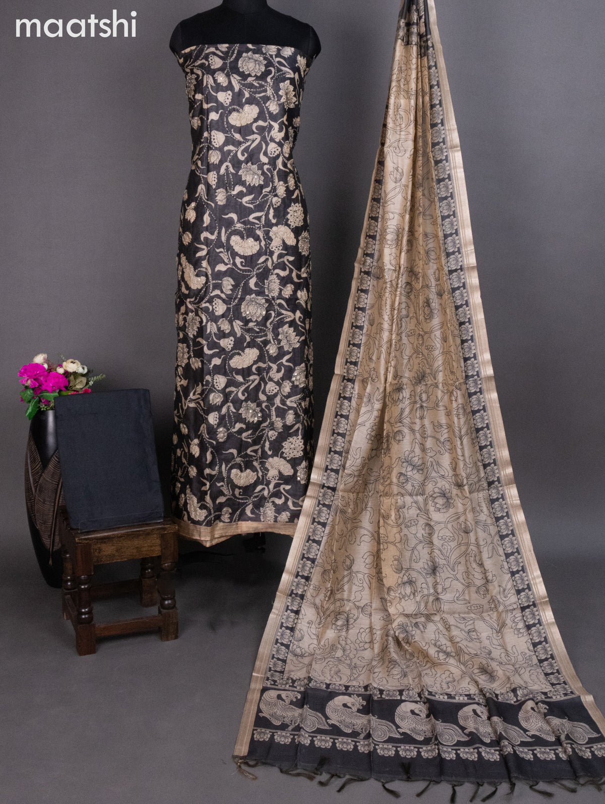 Chanderi dress material black with allover kalamkari prints & kantha stich work and bottom & dupatta