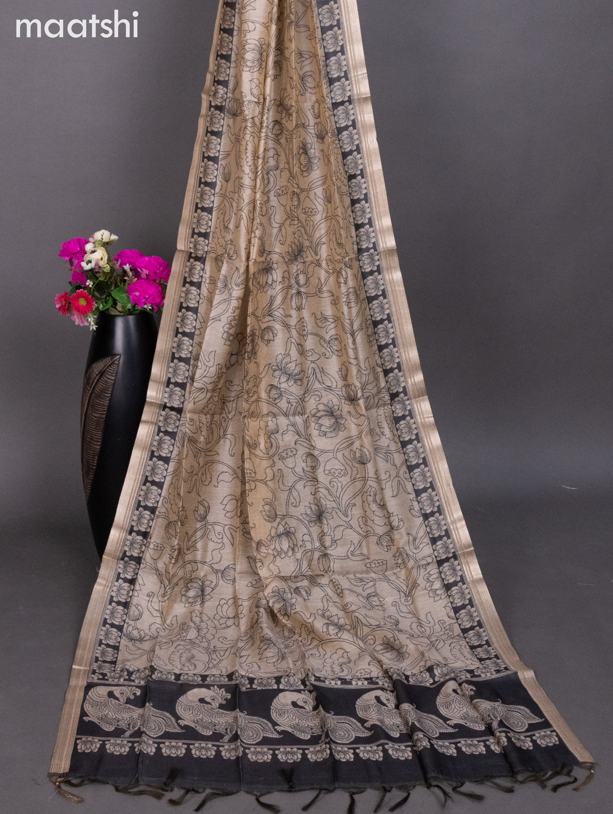 Chanderi dress material black with allover kalamkari prints & kantha stich work and bottom & dupatta