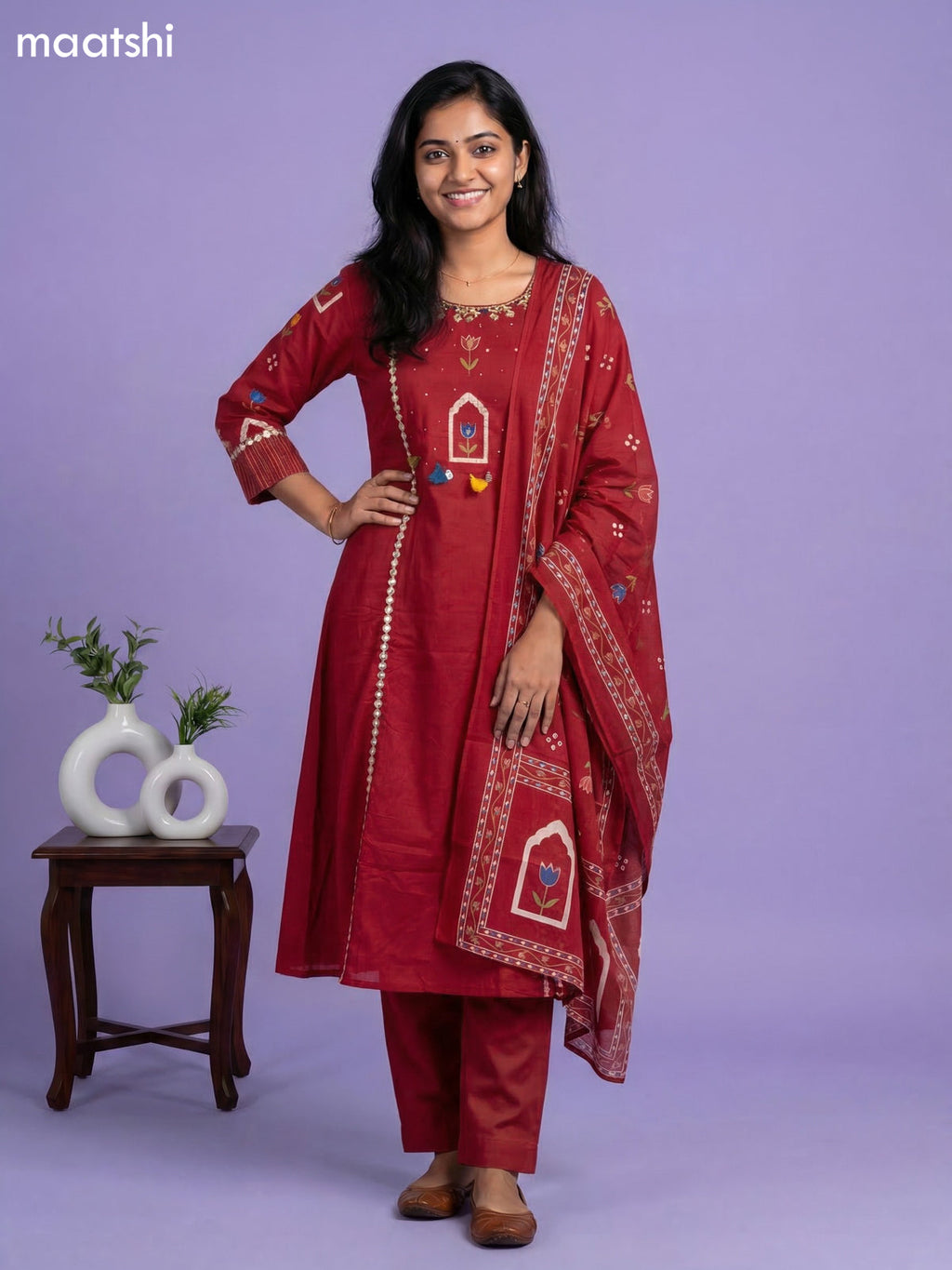 Maroon Cotton Printed & Simple Embroidery Work A-Line Suit Straight Cut Pant