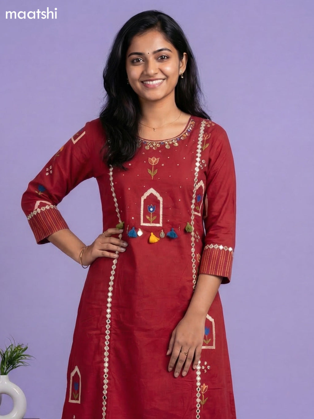 Maroon Cotton Printed & Simple Embroidery Work A-Line Suit Straight Cut Pant