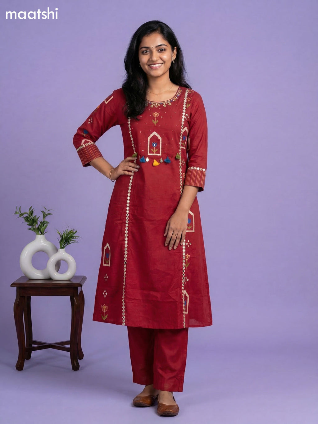 Maroon Cotton Printed & Simple Embroidery Work A-Line Suit Straight Cut Pant