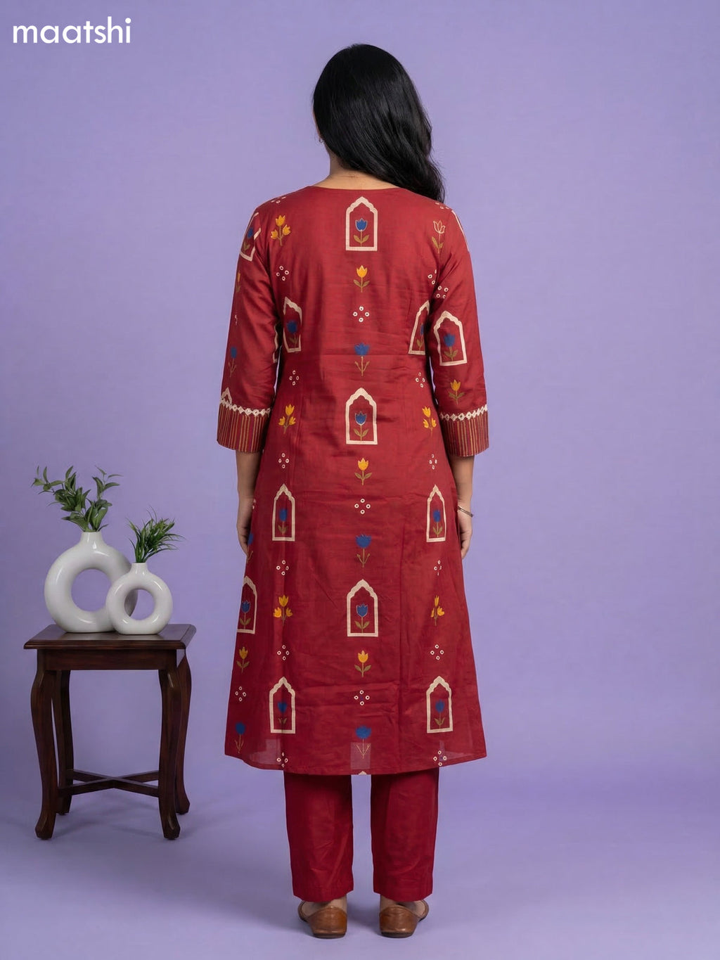 Maroon Cotton Printed & Simple Embroidery Work A-Line Suit Straight Cut Pant