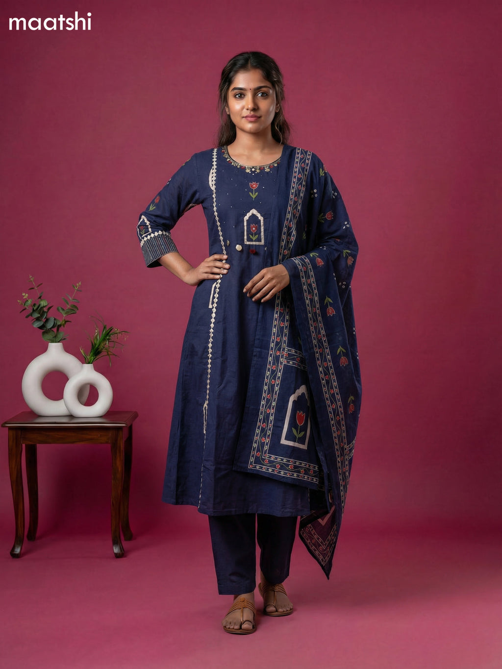 Navy Blue Cotton Printed & Simple Embroidery Work A-Line Suit Straight Cut Pant