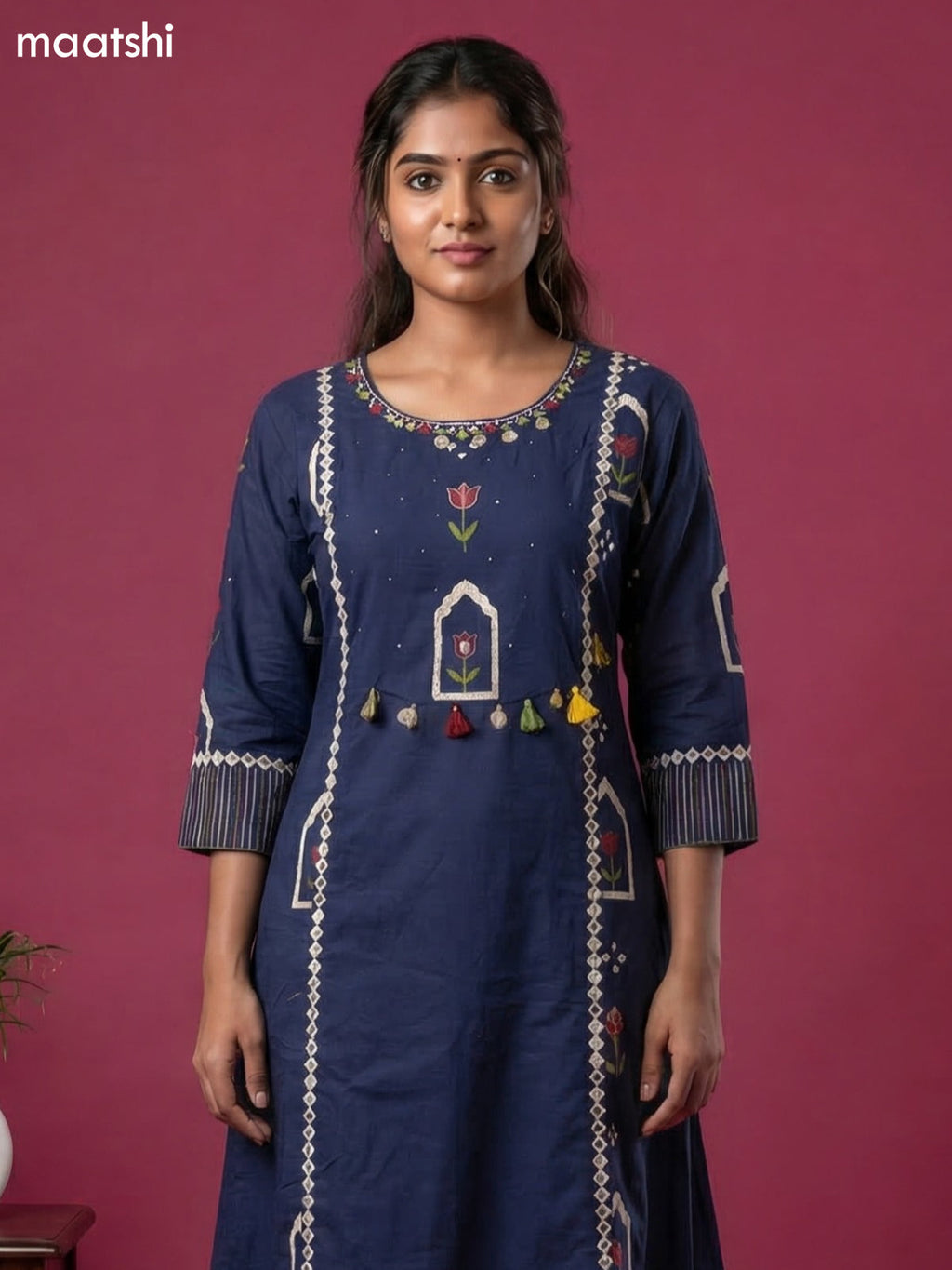 Navy Blue Cotton Printed & Simple Embroidery Work A-Line Suit Straight Cut Pant