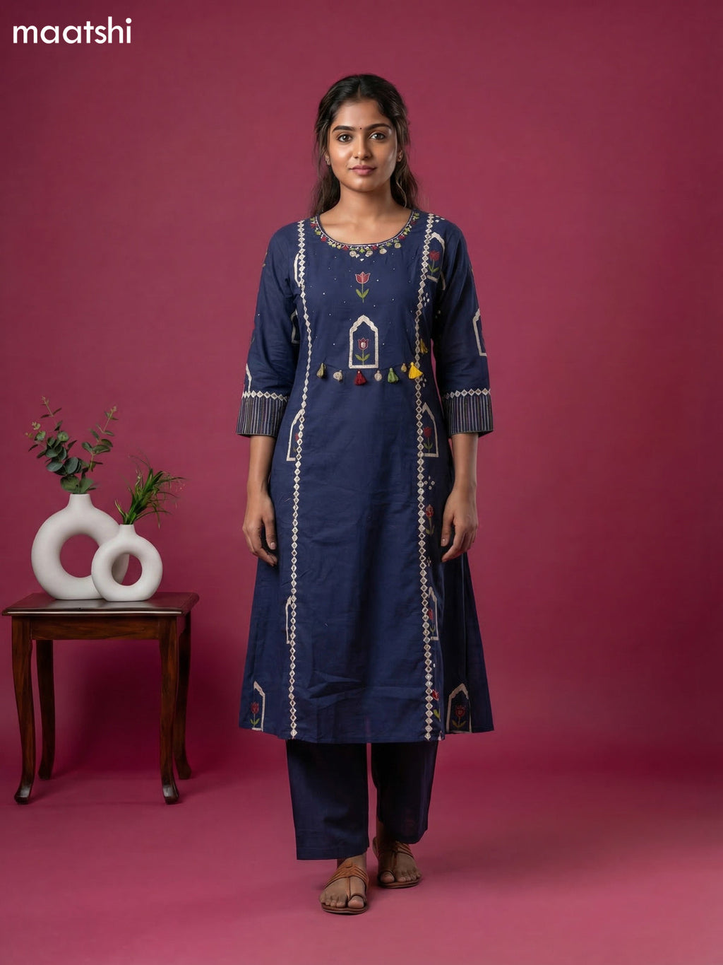Navy Blue Cotton Printed & Simple Embroidery Work A-Line Suit Straight Cut Pant