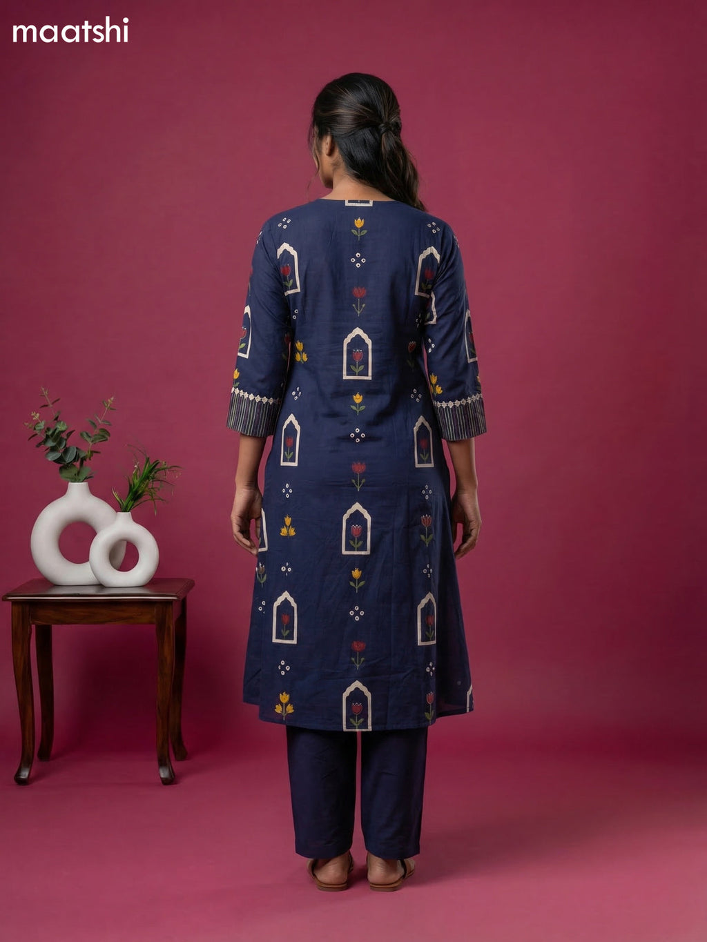 Navy Blue Cotton Printed & Simple Embroidery Work A-Line Suit Straight Cut Pant