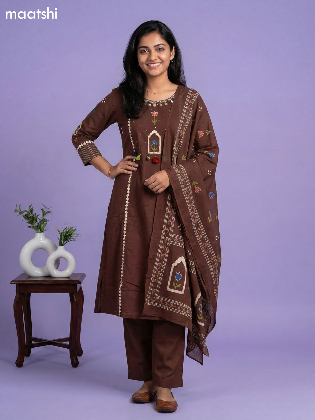 Brown Cotton Printed & Simple Embroidery Work A-Line Suit Straight Cut Pant