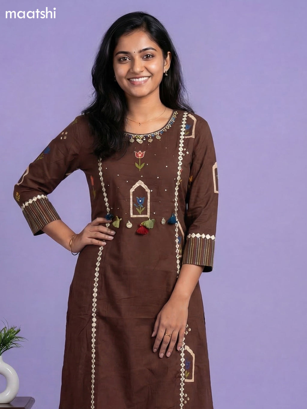 Brown Cotton Printed & Simple Embroidery Work A-Line Suit Straight Cut Pant