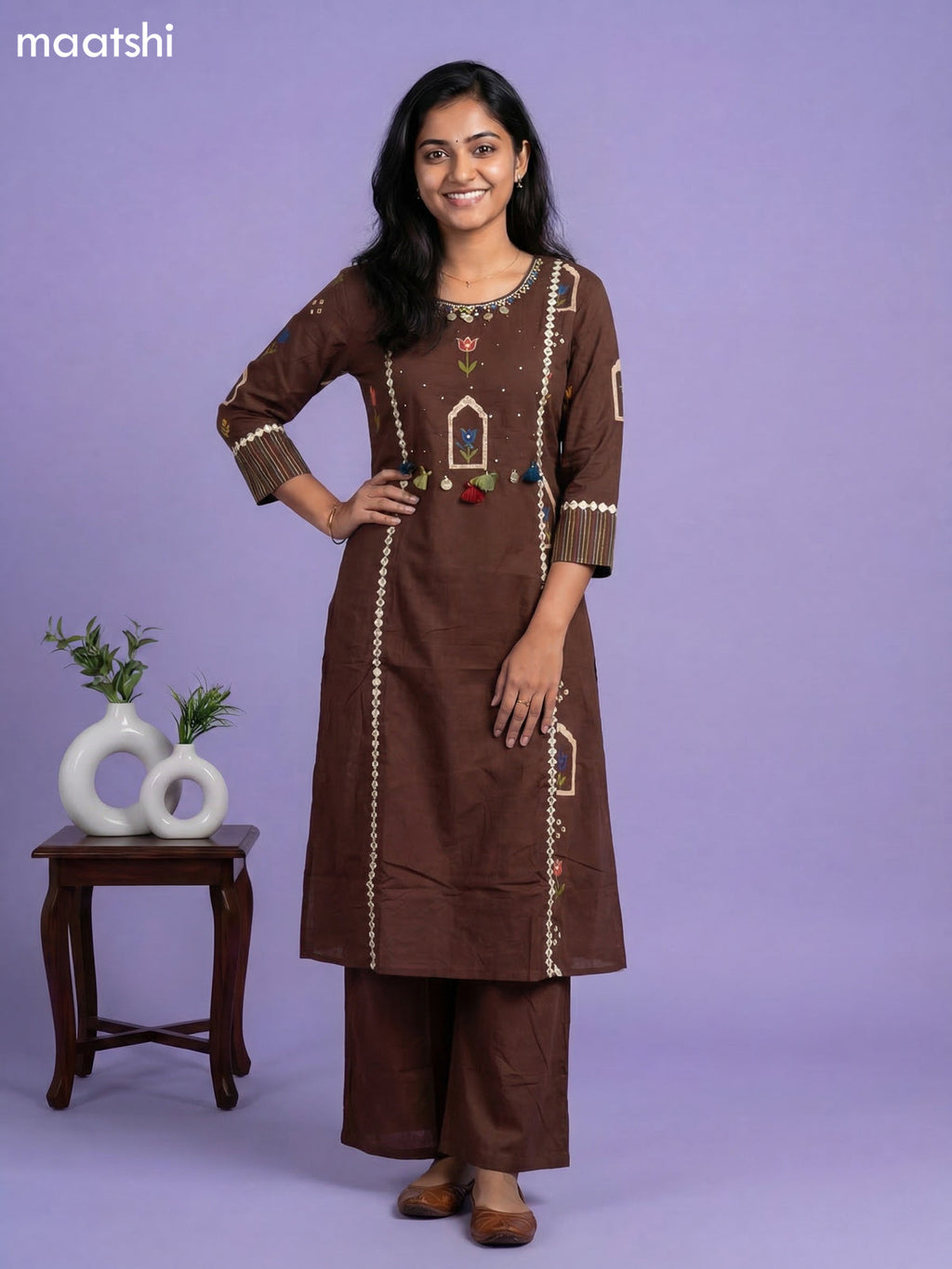 Brown Cotton Printed & Simple Embroidery Work A-Line Suit Straight Cut Pant