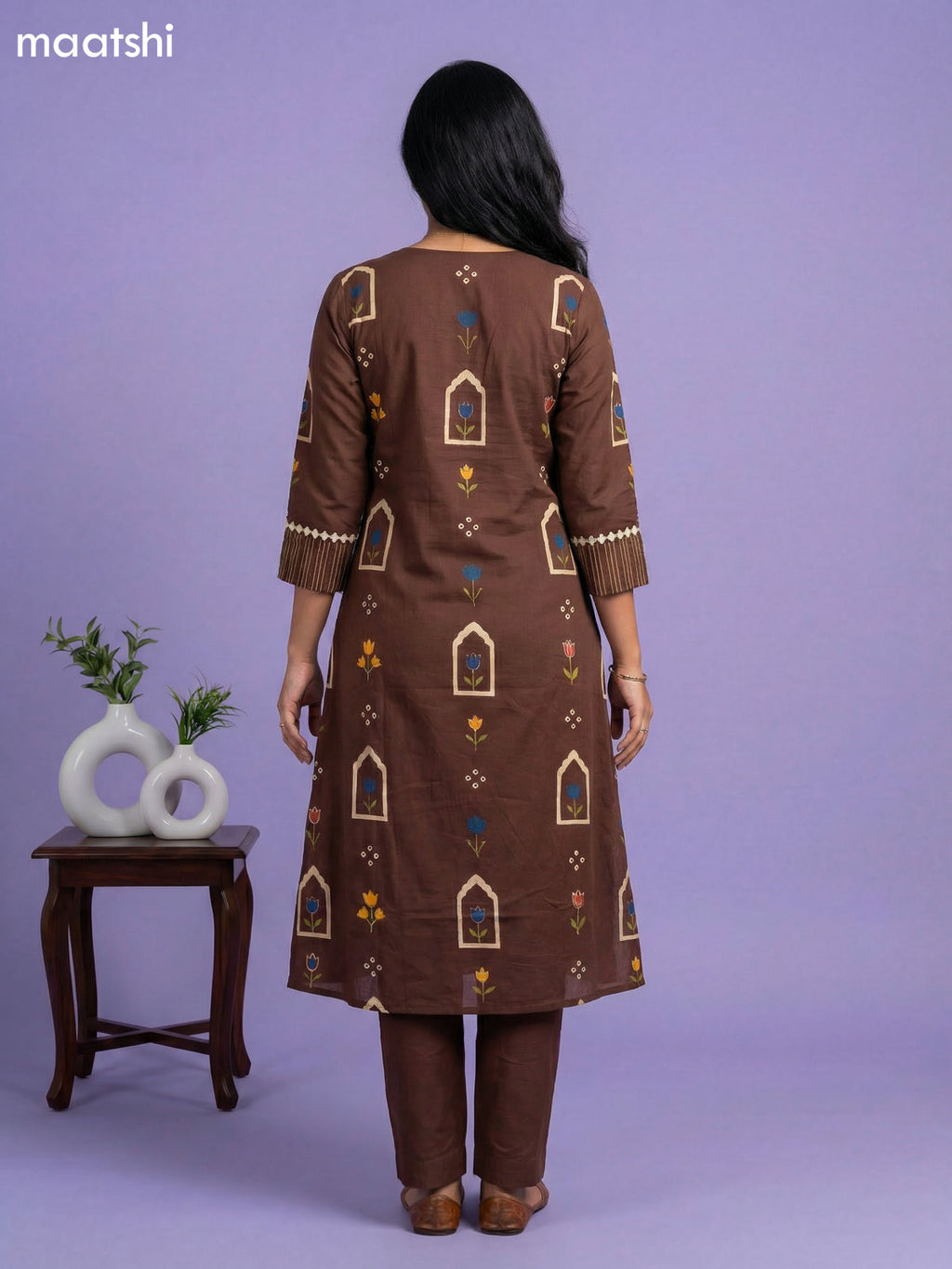 Brown Cotton Printed & Simple Embroidery Work A-Line Suit Straight Cut Pant
