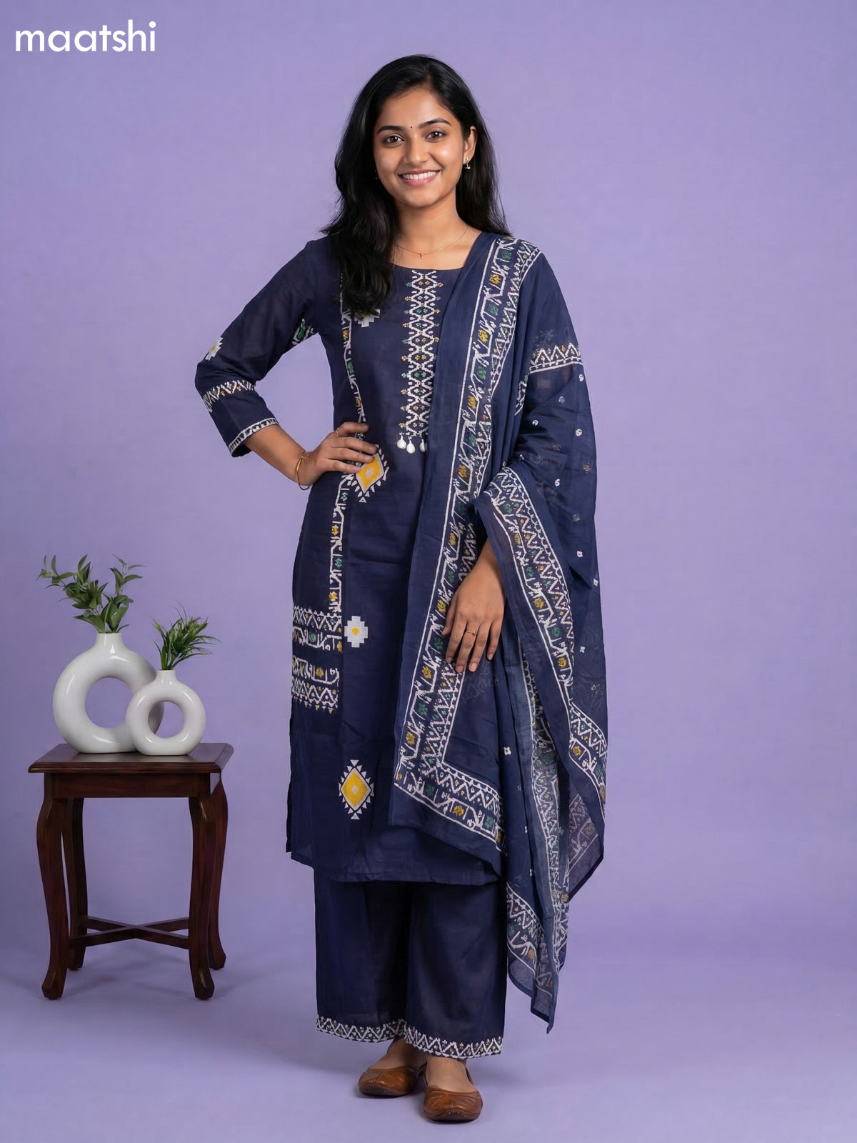 Navy Blue Cotton Printed & Simple Embroidery Work Straight Suit